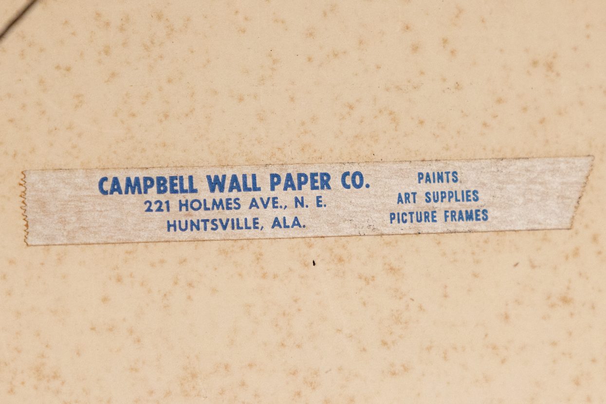 A frayed black wire runs across a speckled beige background; a vintage label reads &quot;Campbell Wall Paper Co.&quot;