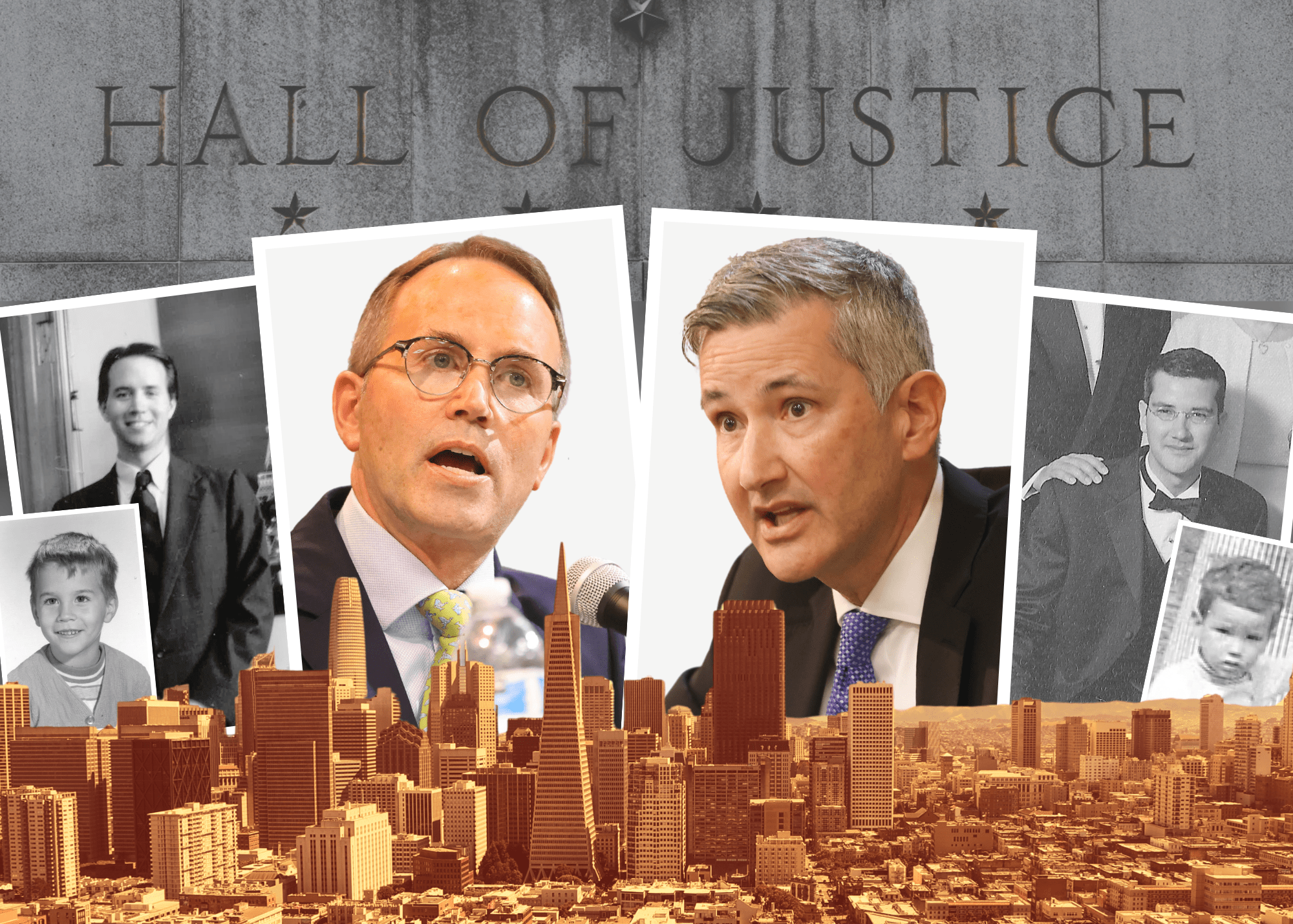 Illustration of two judge candidates in front of city skyline.