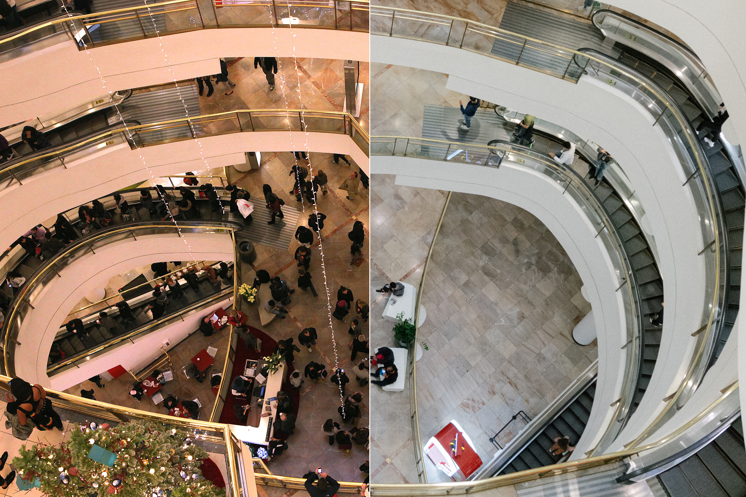 A split-view of a shopping mall's interior showing curved escalators from above, bustling with shoppers and café goers.