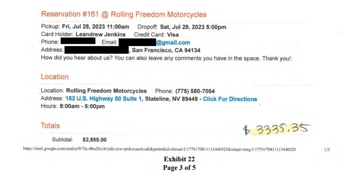 The image shows part of a reservation document for Rolling Freedom Motorcycles with pickup and dropoff dates, personal details, location info, and a total cost of $3,335.35.