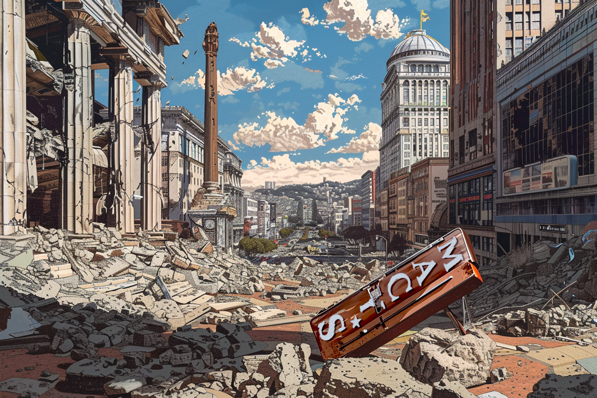 A devastated urban street with rubble, a toppled Macy's sign, and damaged classical and modern buildings under a cloudy sky.