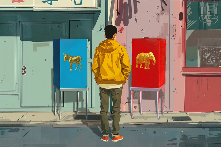 A man stands before two boxes with golden animals—a donkey on blue, an elephant on red—in an urban setting.