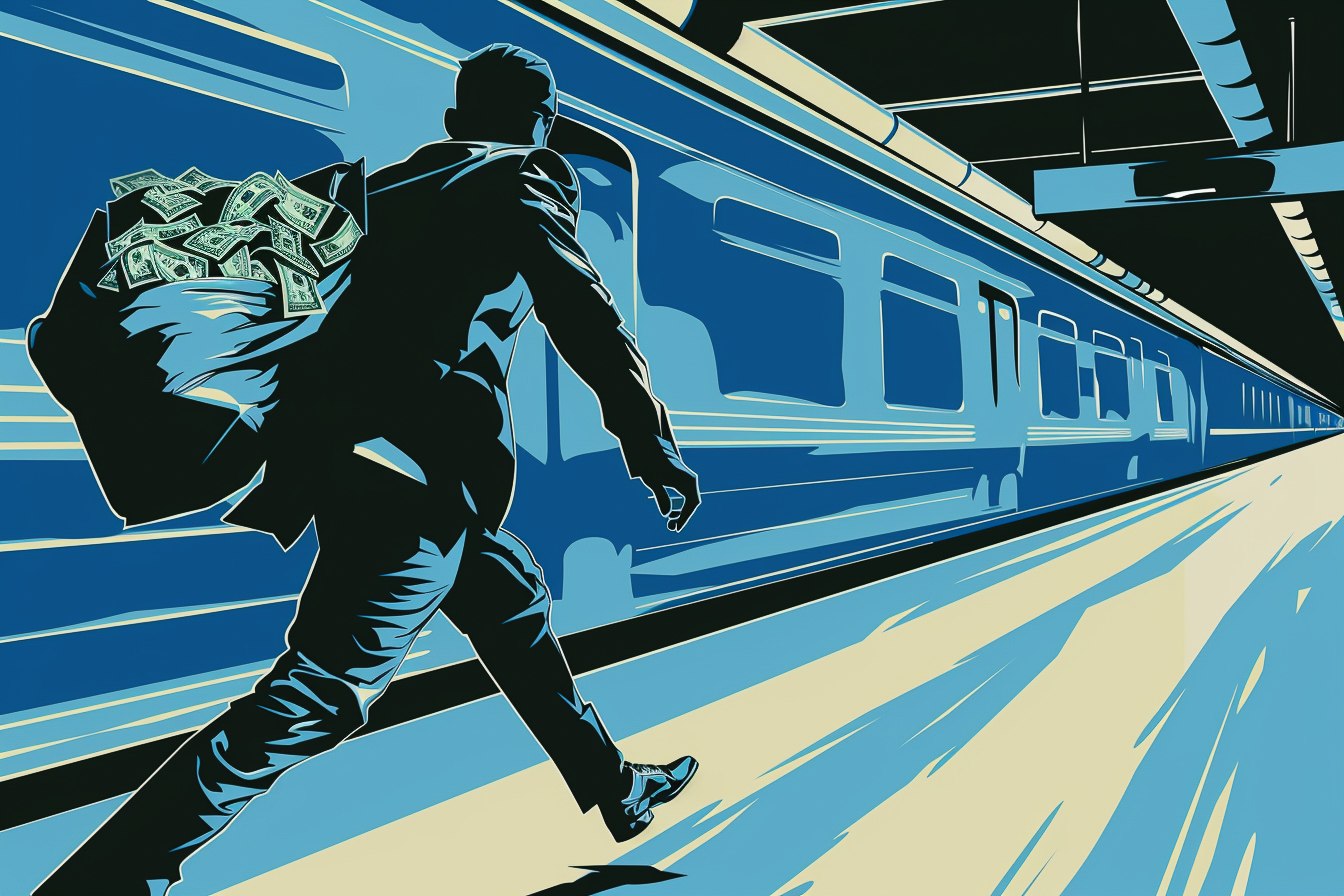 A man runs with a bag of money by a moving train in a stylized blue-toned artwork.