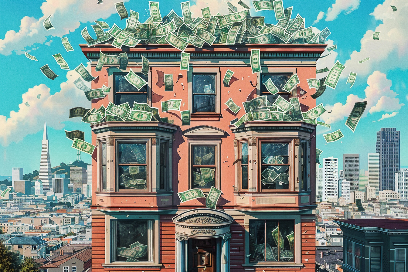 An illustration of money flying out of a classic house with the San Francisco skyline in the background.