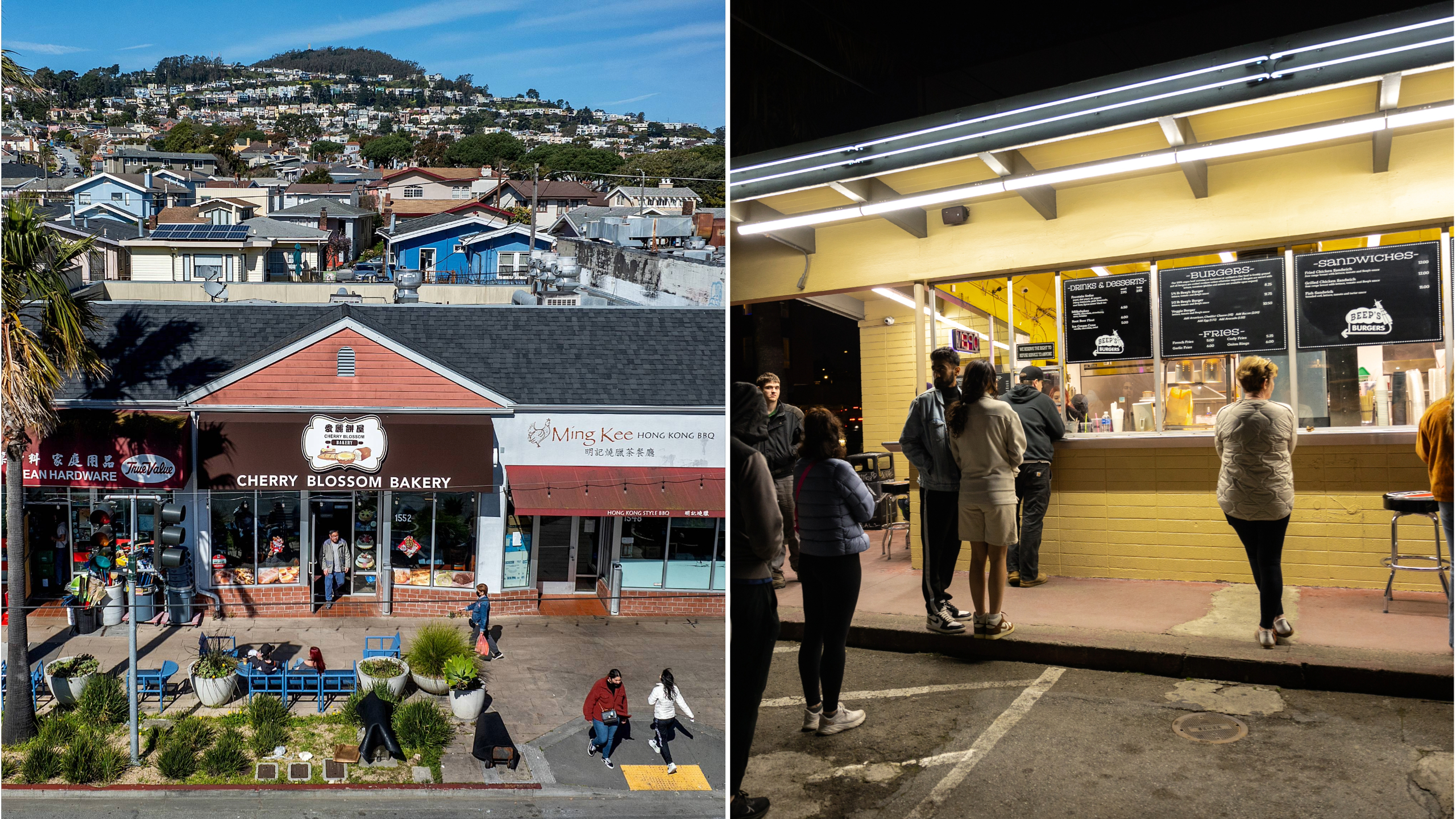 Left: Urban street with a bakery in the foreground, houses on a hill in the background. Right: People queued at an outdoor fast-food counter at night.