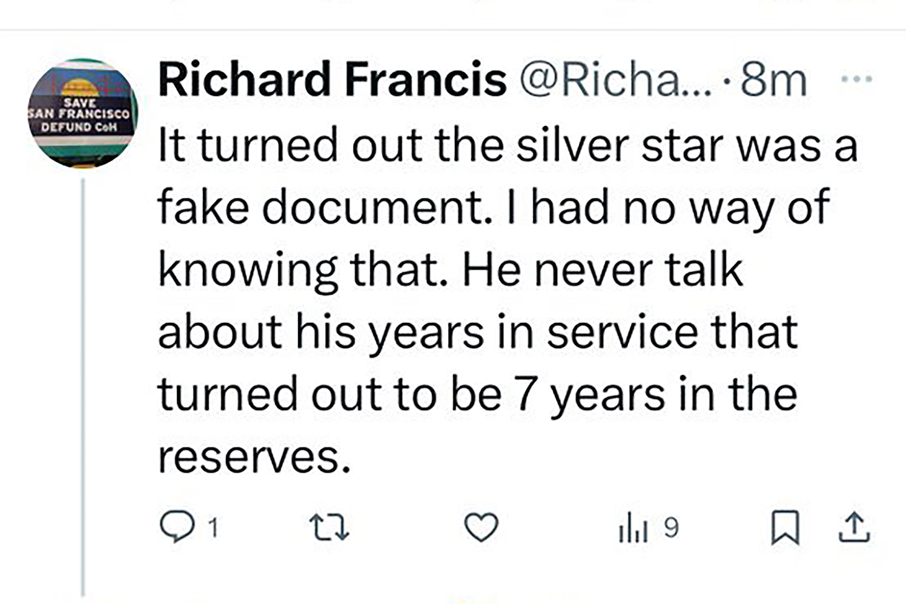 A tweet from someone named Richard Francis discussing a Silver Star document that turned out to be fake.