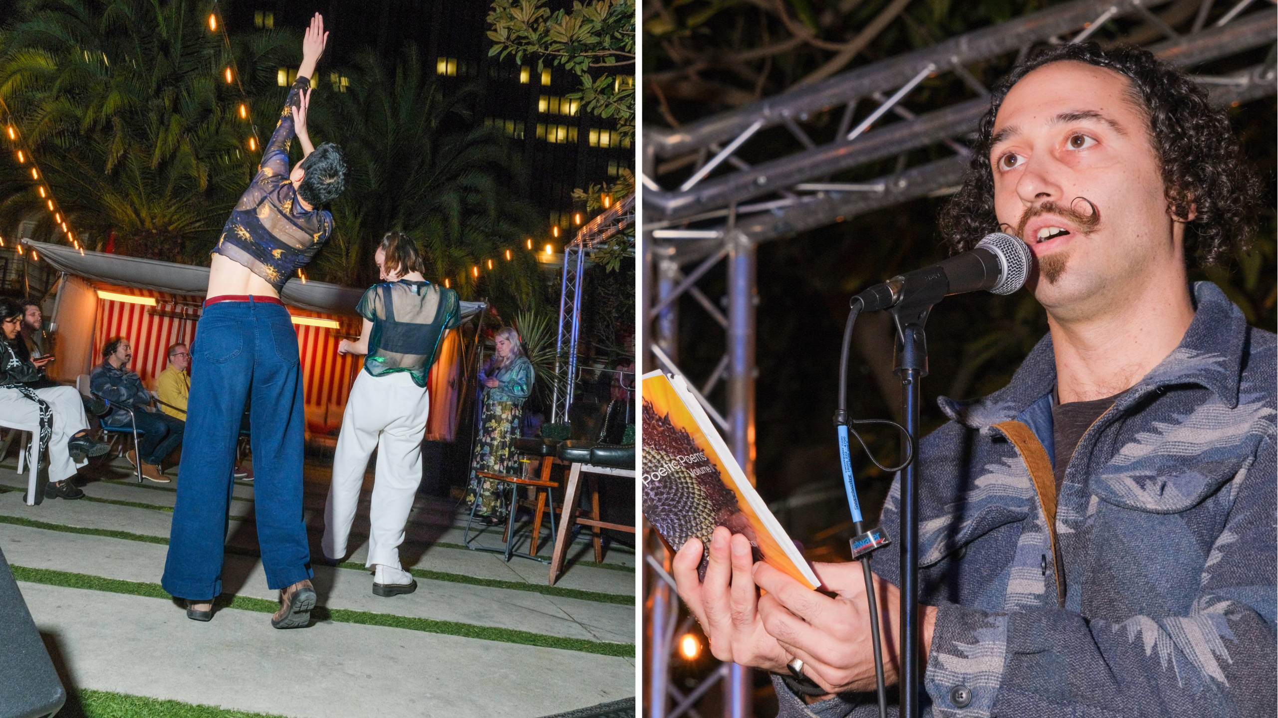 Split image: left shows a person reaching up mid-dance outdoors at night; right shows a man holding a book, speaking into a microphone.