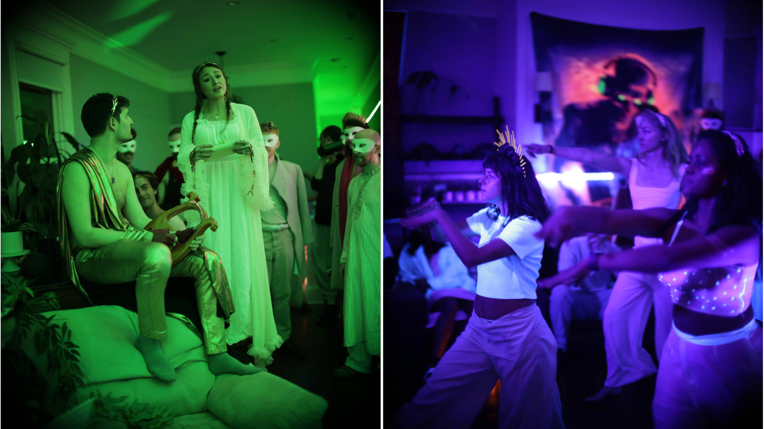 Two images depict themed parties: one with toga-wearing guests in green light, the other with dancers in neon blue light.