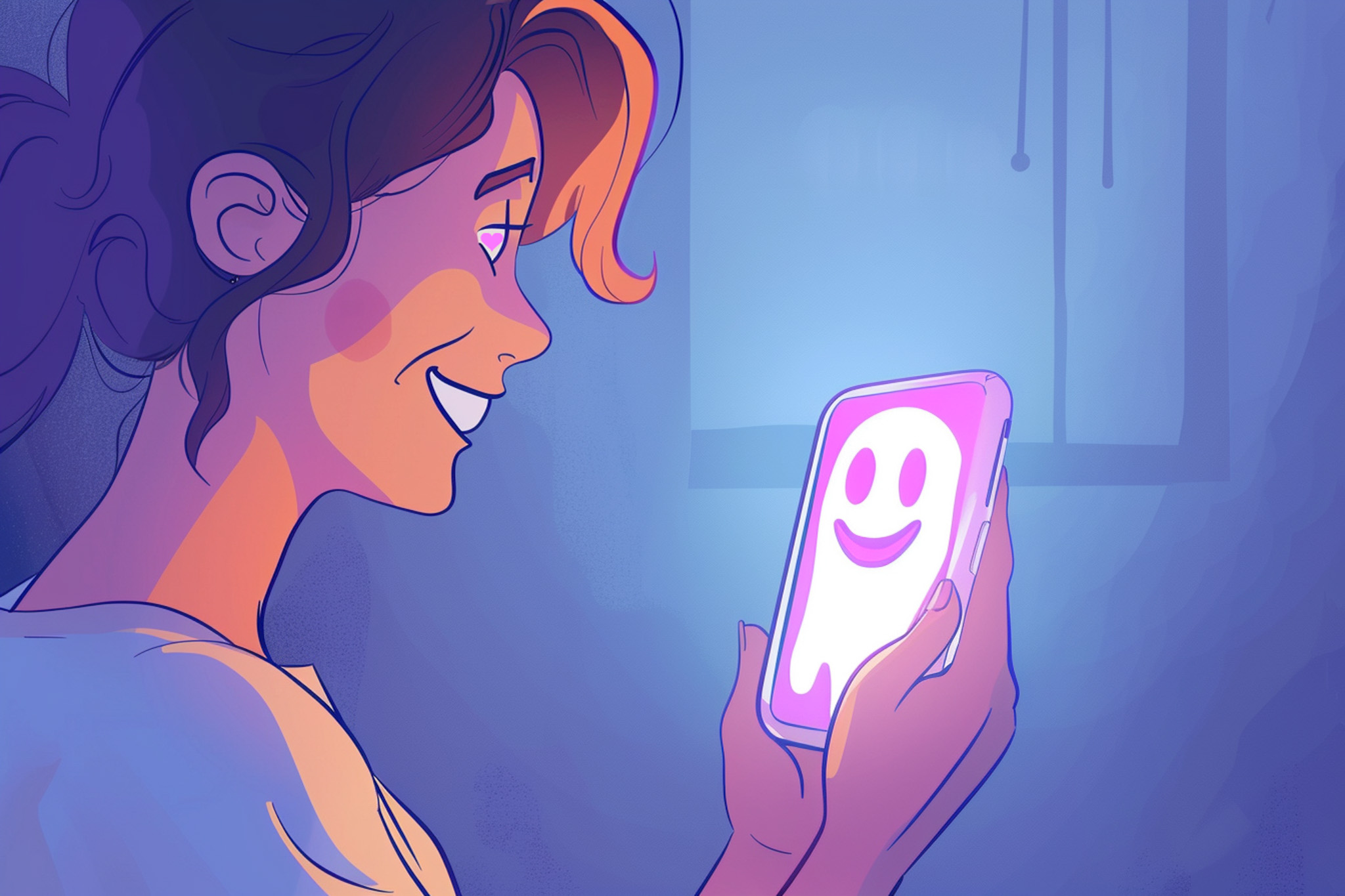A smiling woman looks at her phone, which displays a smiling ghost emoji, in a dimly lit room.