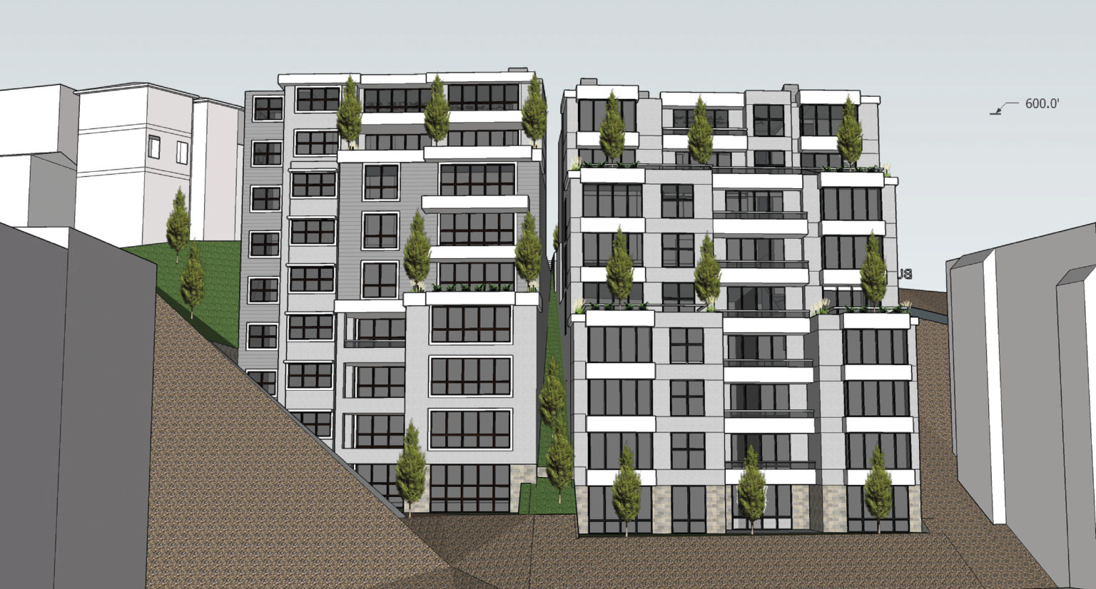 architectural rendering of two nine-story white buildings on a hillside