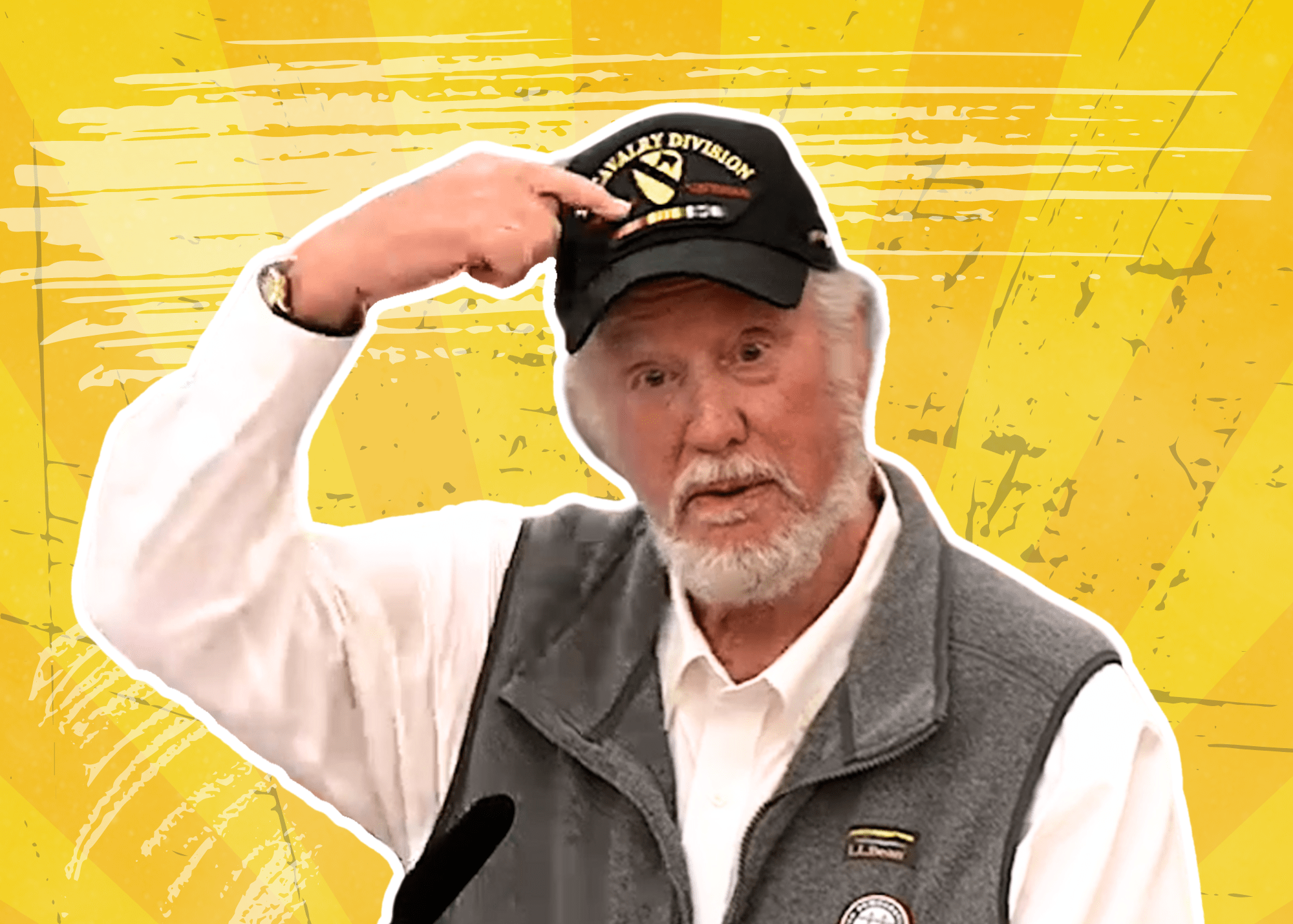 An elderly man in a vest and cap salutes, against a yellow grungy background.