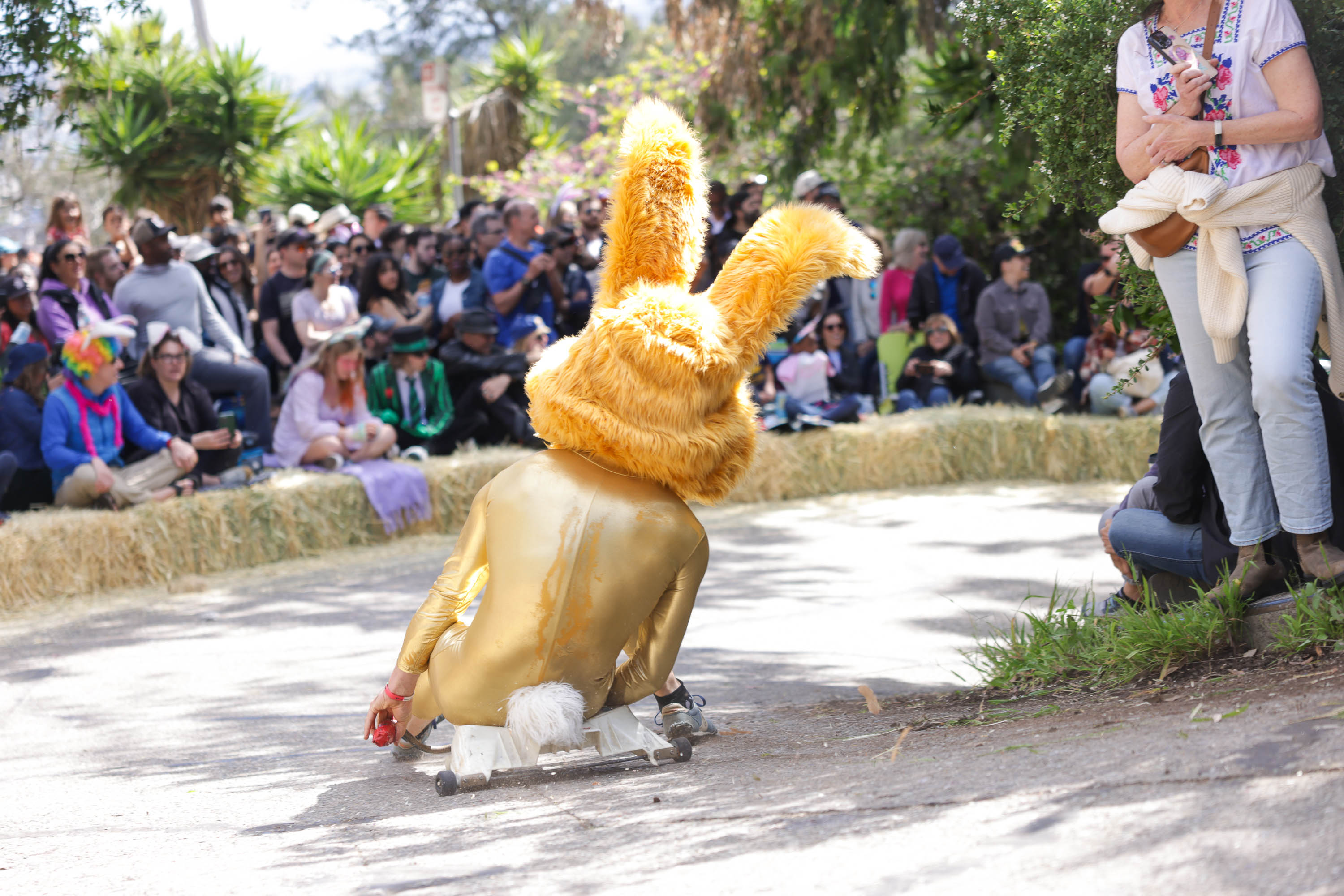 A person in a golden costume with a large fluffy tail is riding a small wheeled device downhill, surrounded by spectators.