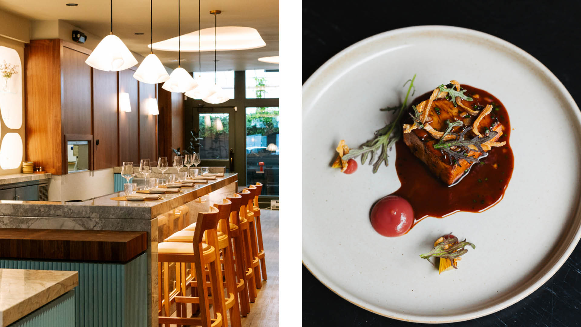 A split image shows a high-end restaurant's bar and a savory plated dish