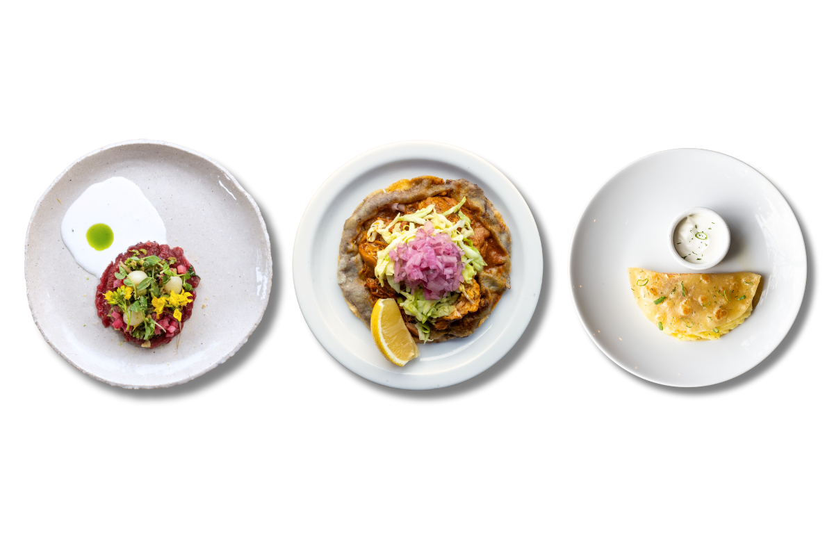 Mijoté's sirloin carpaccio dish, featuring Tokyo turnips and rhubarb; Loltun's panucho with cochinita pibil; AyDea's Qistibi, which consists of flaky flatbread with a mashed potato and roasted beef filling.