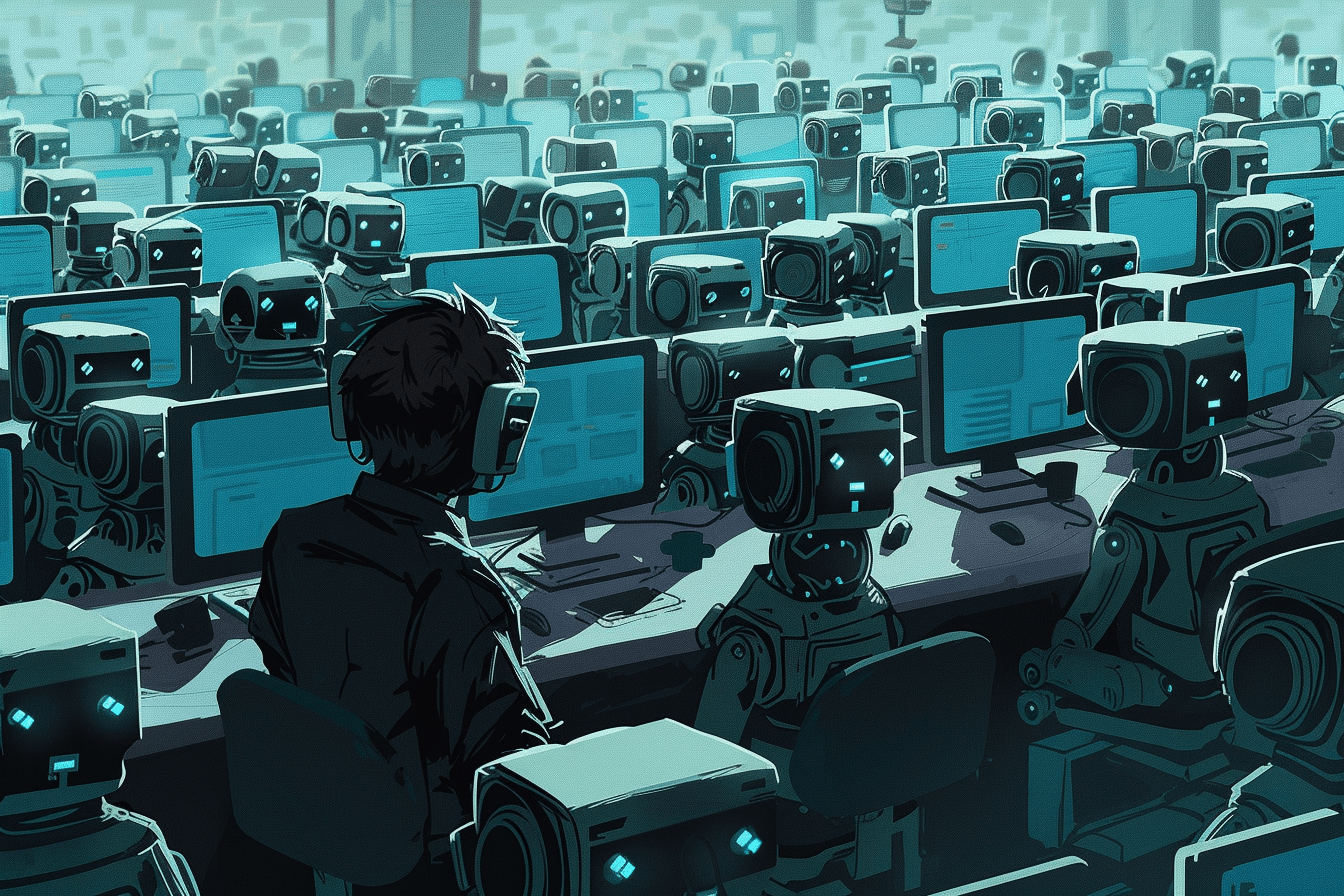 An illustration of a person wearing VR goggles sits among rows of robots facing computer screens.