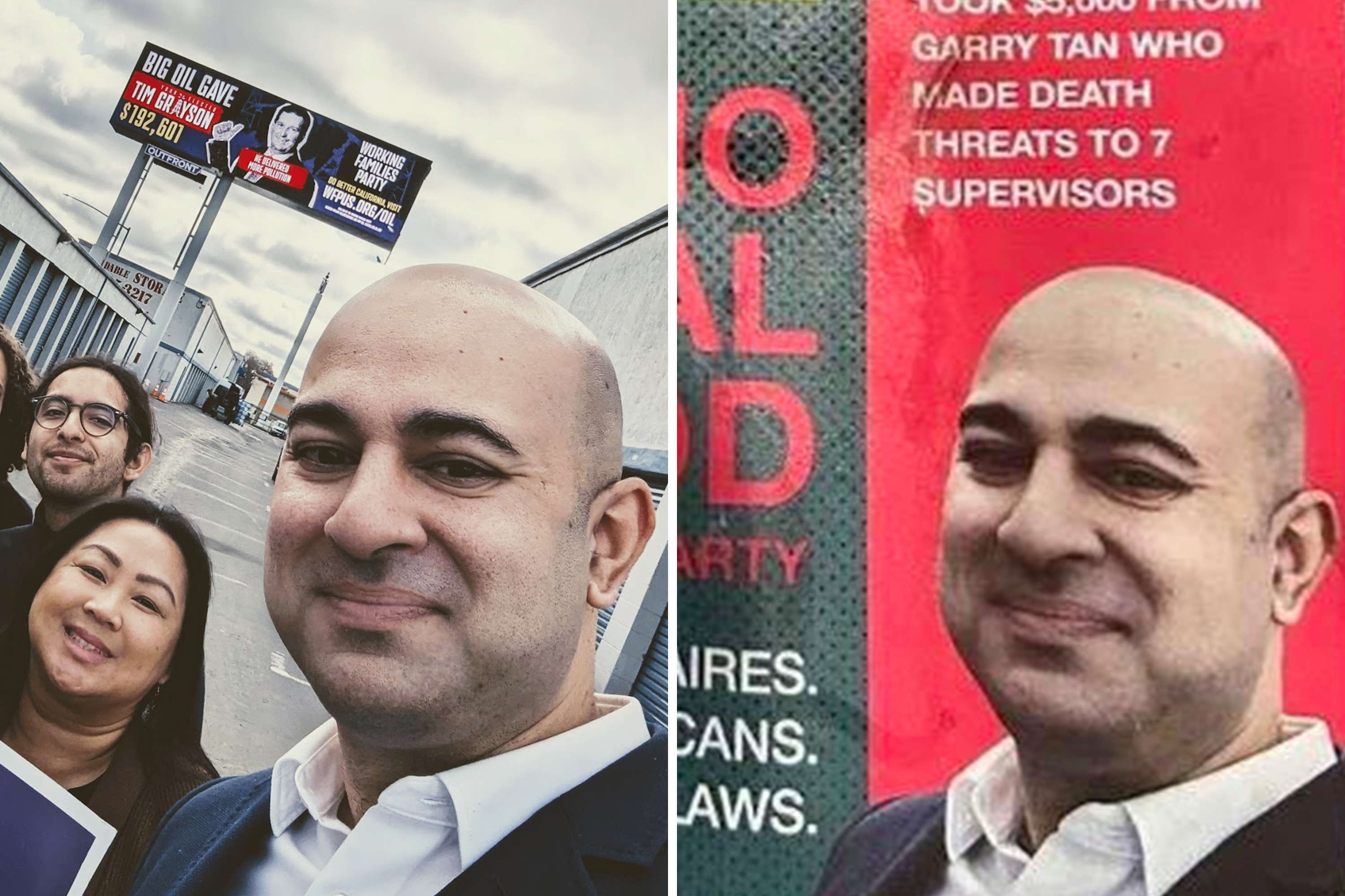 a side-by-side comparison of two photos of a bald Muslim man half-smiling