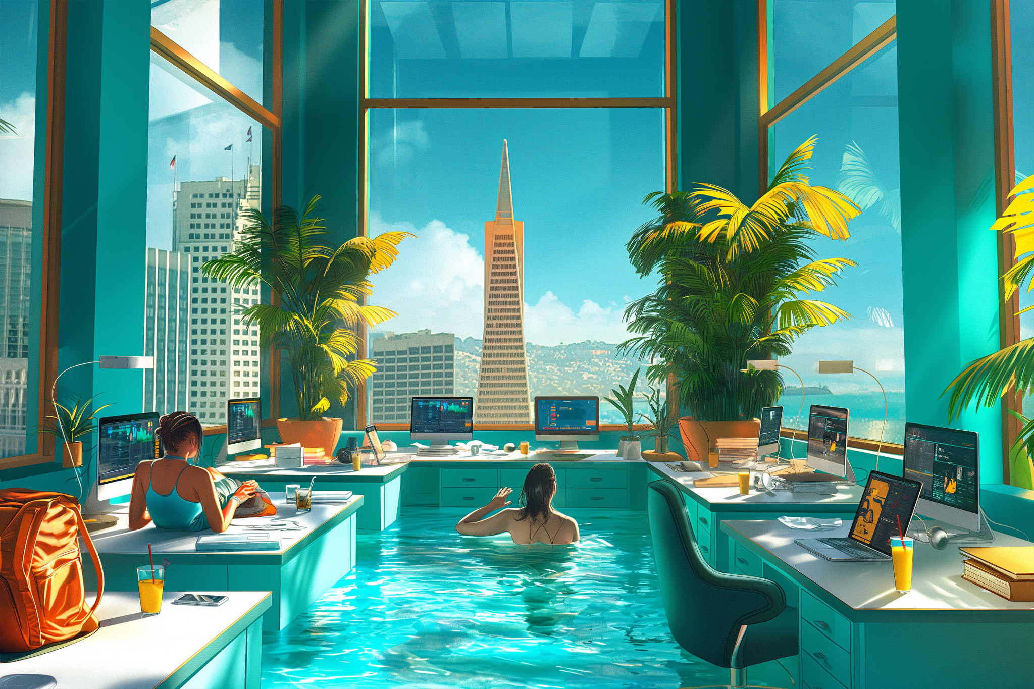 An office with desks and computers is merged with a pool. Two people work, one swims. Large windows reveal a sunny cityscape with skyscrapers.