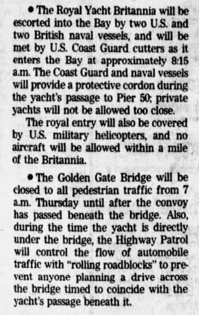 The image shows a newspaper clipping about security measures for the Royal Yacht Britannia's arrival, including U.S./British escorts and restricted bridge access.