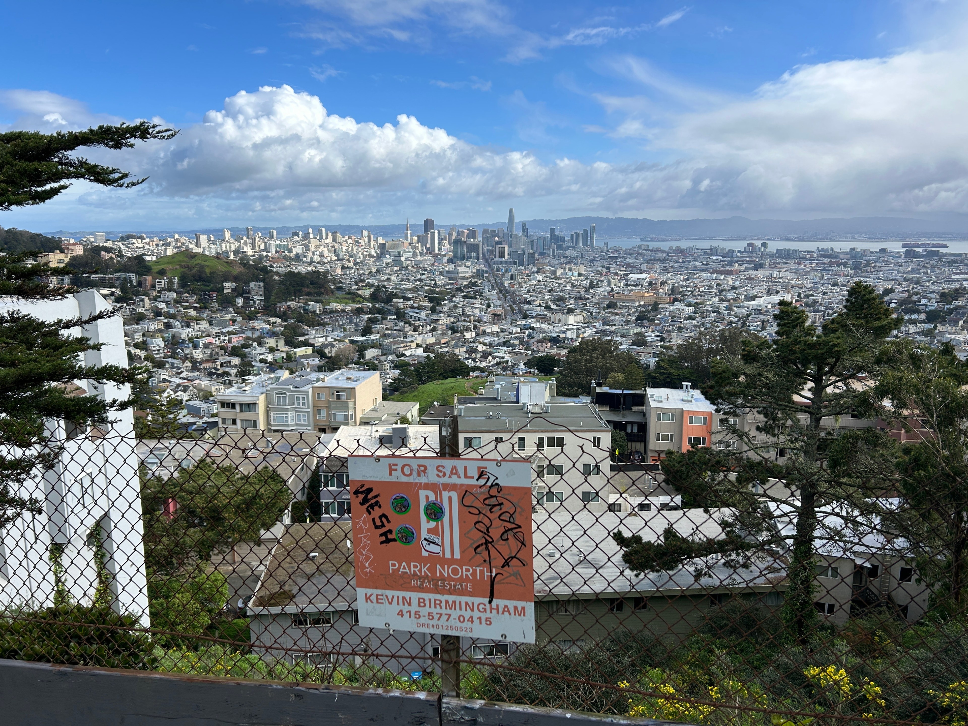 a view of San Francisco on a partly cloudy day through a chain-link fence high on a hill, flanked by trees