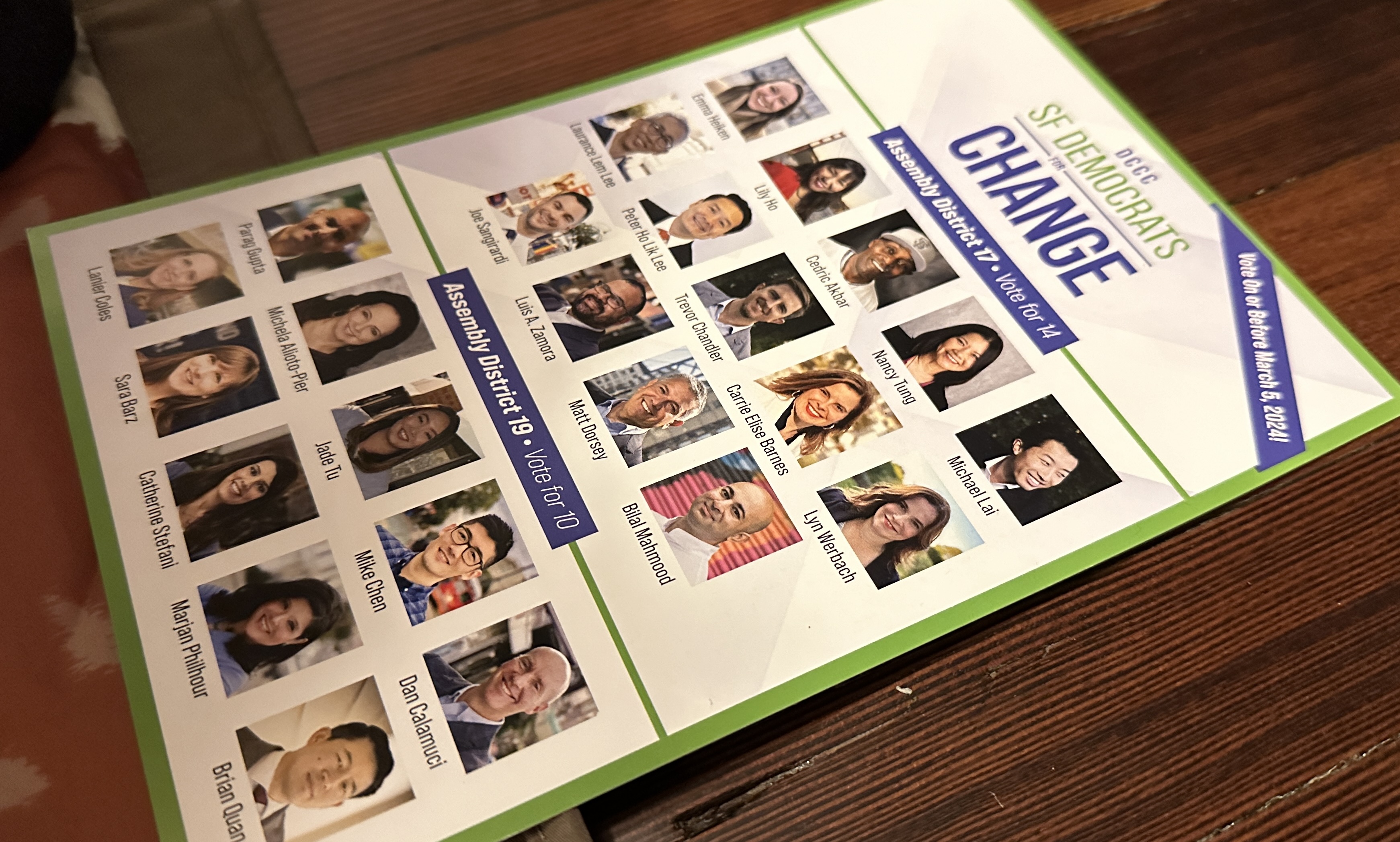 The image shows a flier with headshot photos and names of individuals running on the SF Democrats for Change slate for the Democratic County Central Committee.