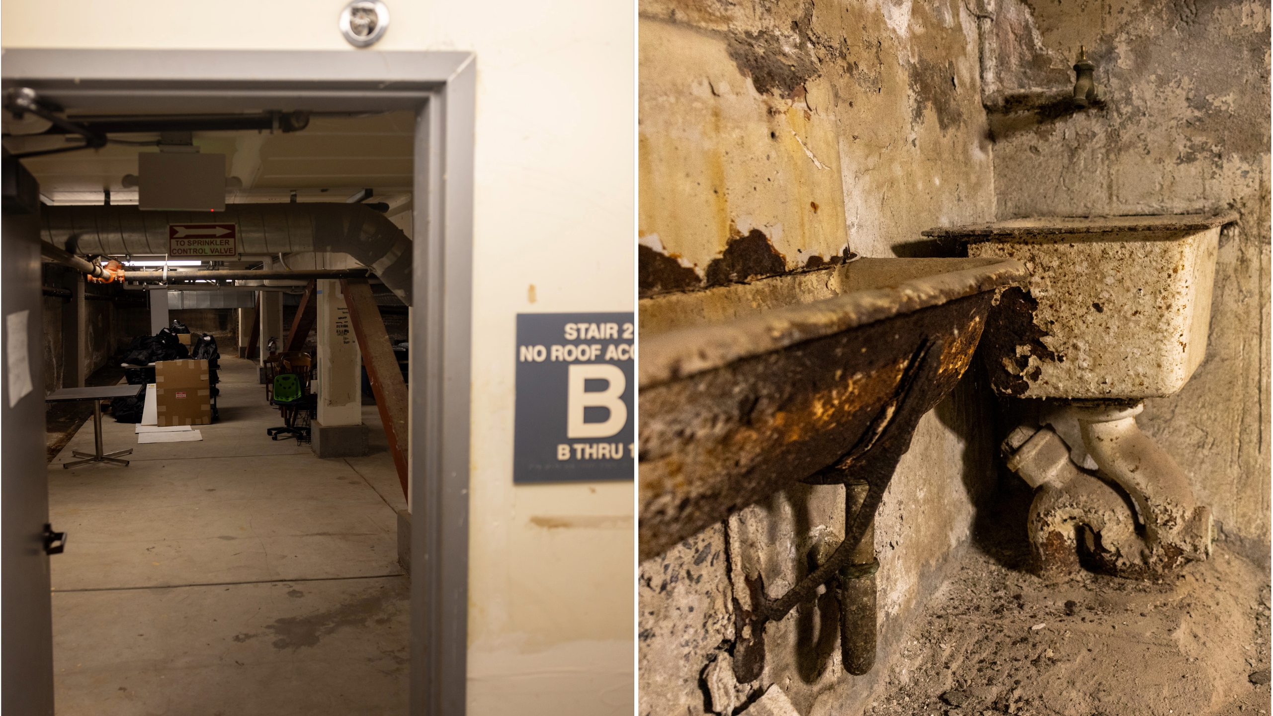 A dilapidated basement hallway on the left, and a corroded, dirty sink with exposed pipes on the right.