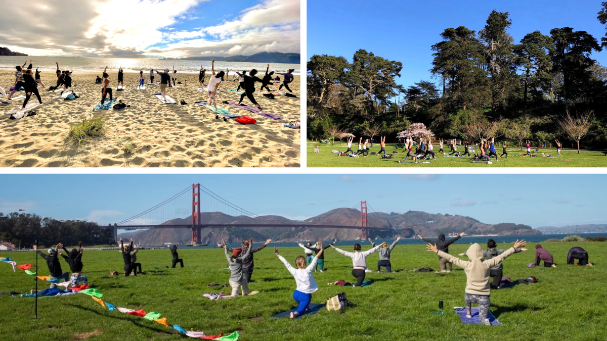 Three images of outdoor yoga classes on a beach, in a park, with the Golden Gate Bridge in the background.