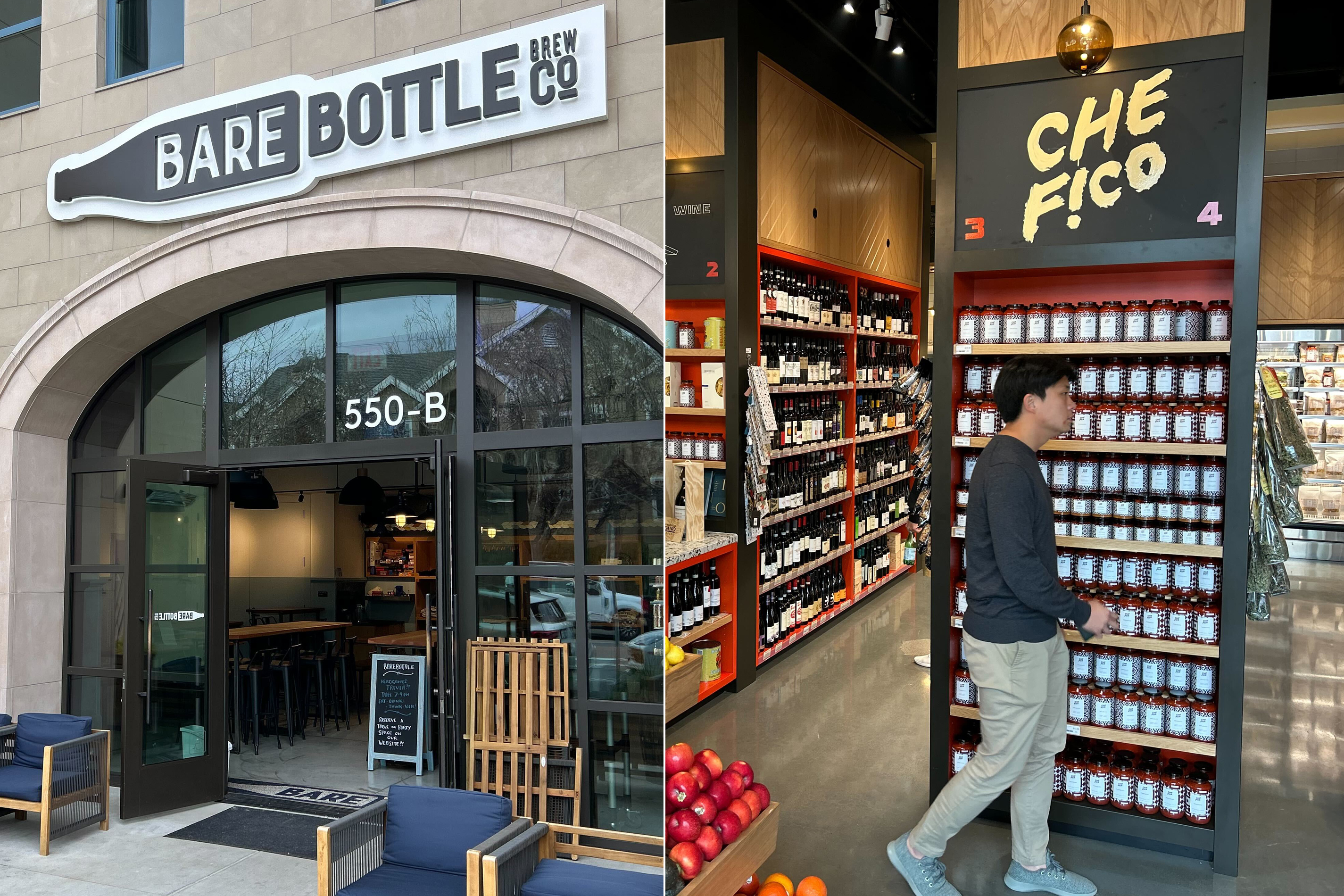 Left: A brewery exterior with a sign &quot;BARE BOTTLE BREW CO&quot;. Right: A man browses shelves with jars and bottles in a store.