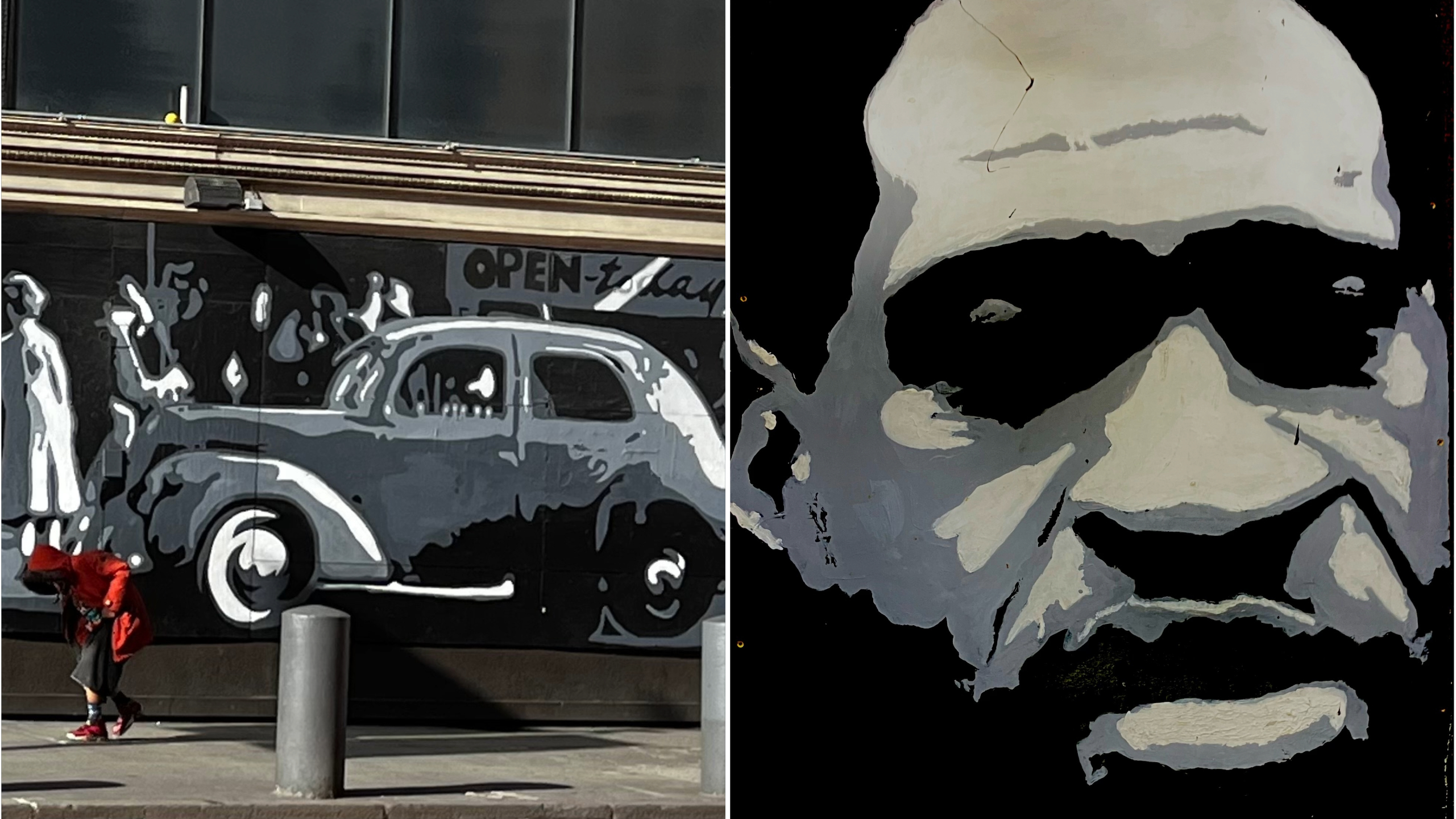 A mural of a vintage car and people with a real person in red mimicking a figure; a stylized painting resembling a face.