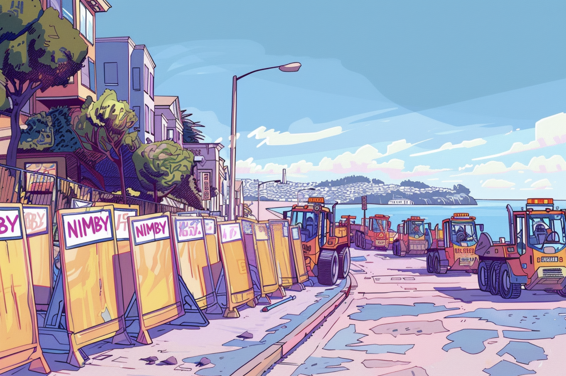 Colorful artwork of a coastal street with houses, lined by barriers and bulldozers under a pastel sky.