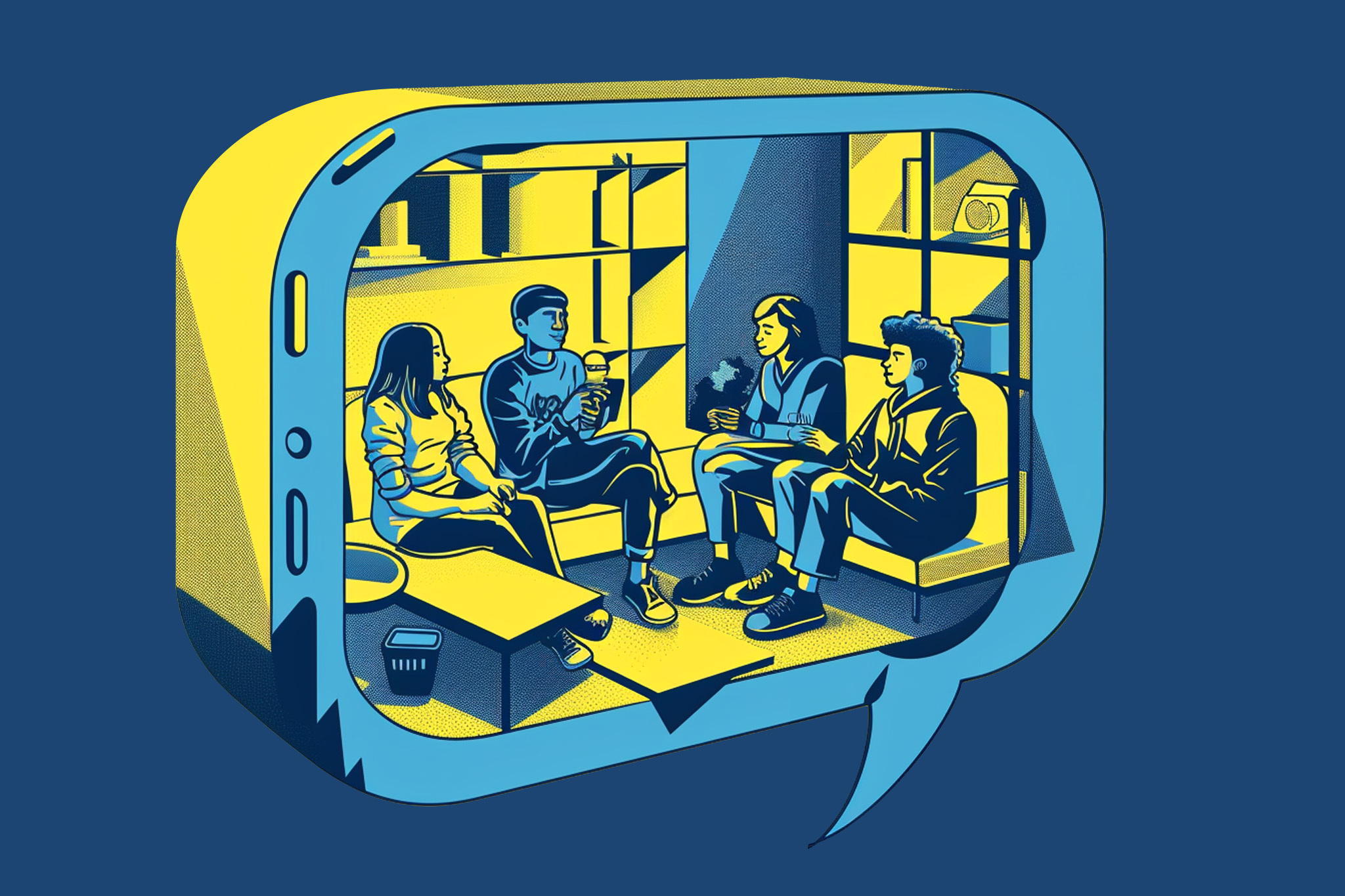 An illustration of four people chatting in a room, viewed through a smartphone-like frame, in a two-tone color scheme.