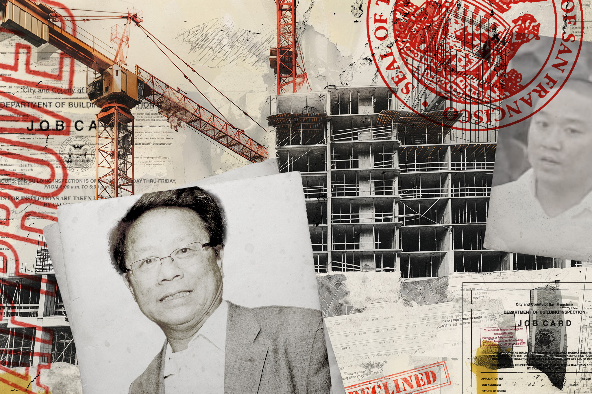 A collage with a man's portrait, construction site, crane and building permits.