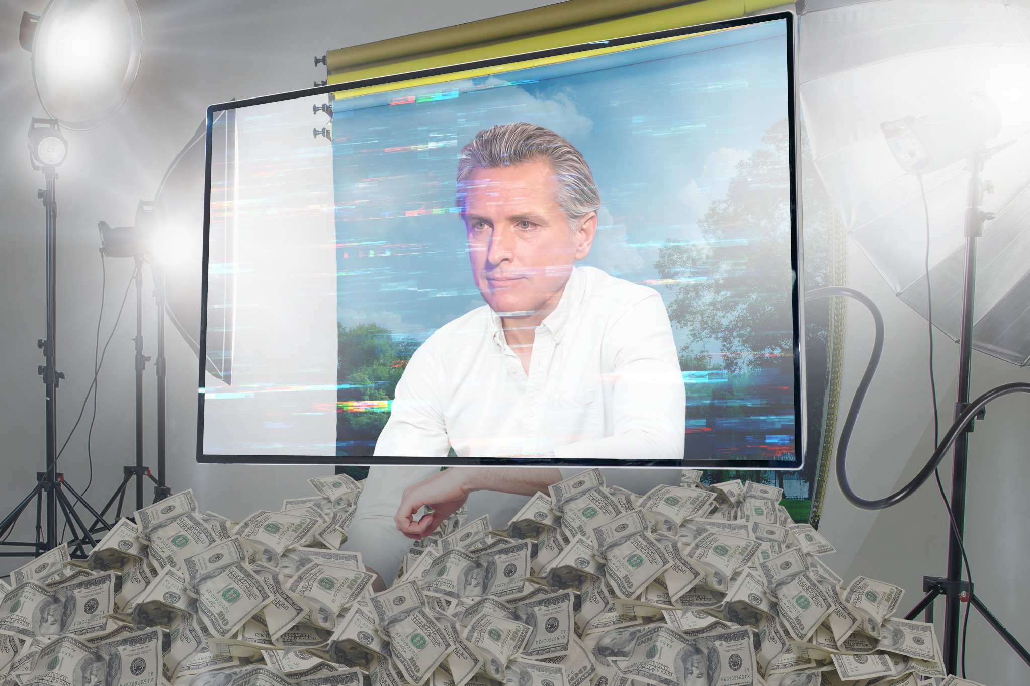 California Gov. Gavin Newsom is seen on a TV screen in a studio, with lighting equipment around and a pile of money in the foreground.