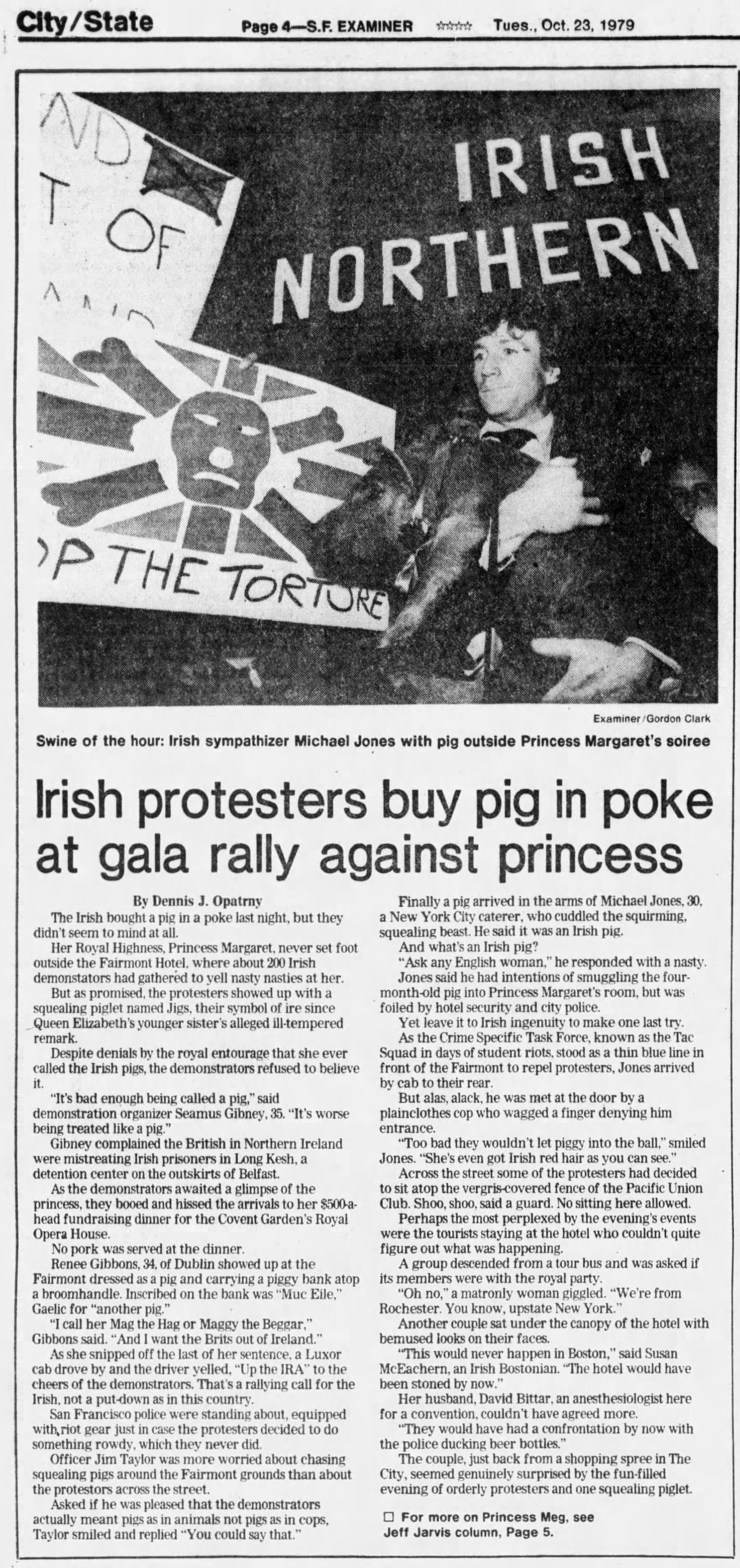 Newspaper article with a photo, dated October 23, 1979, showing a man, Michael Jones, holding a squirming pig at a protest outside a gala event.
