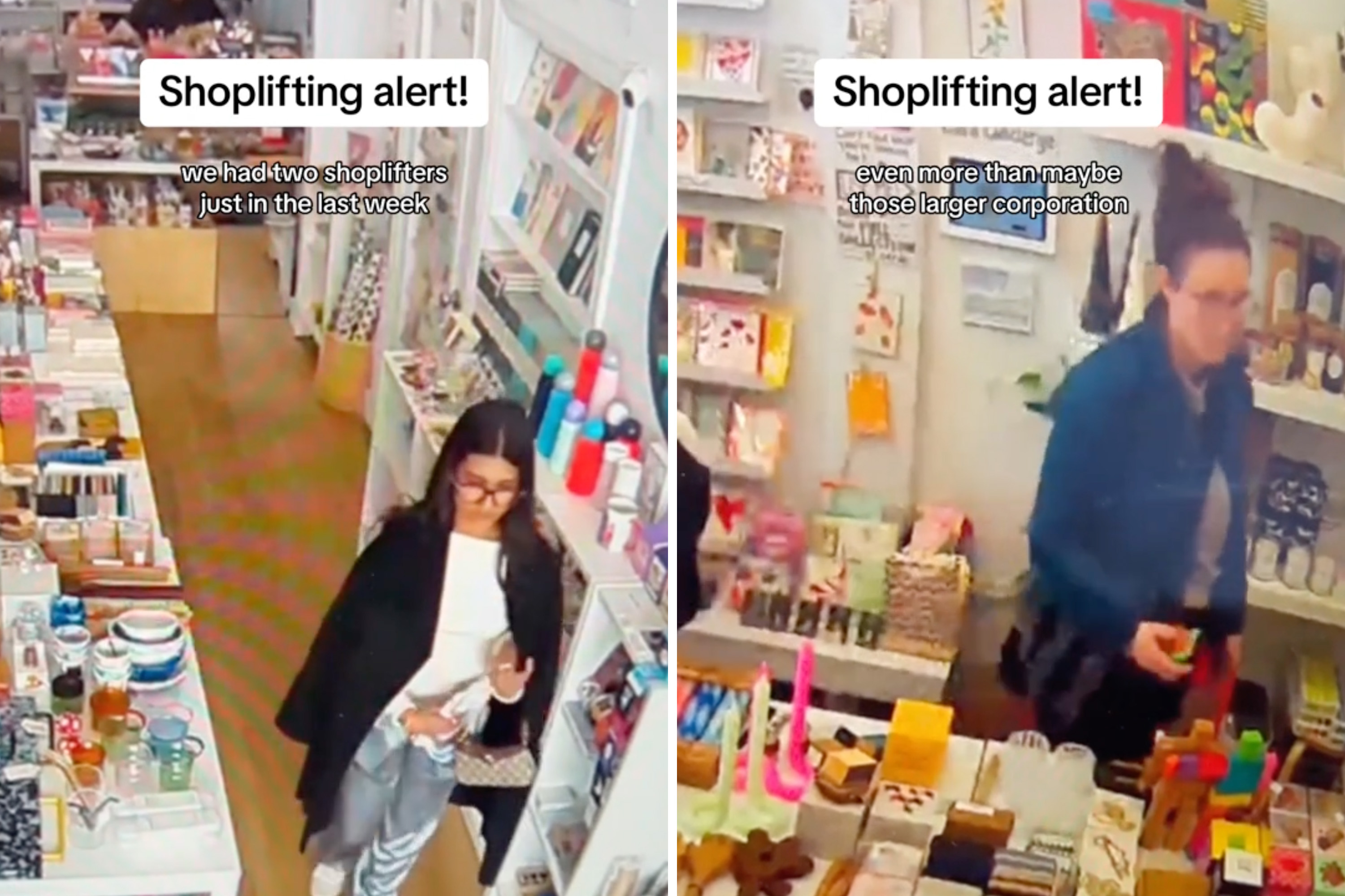 Two separate security camera screenshots show individuals in a store with "Shoplifting alert!" text overlays.