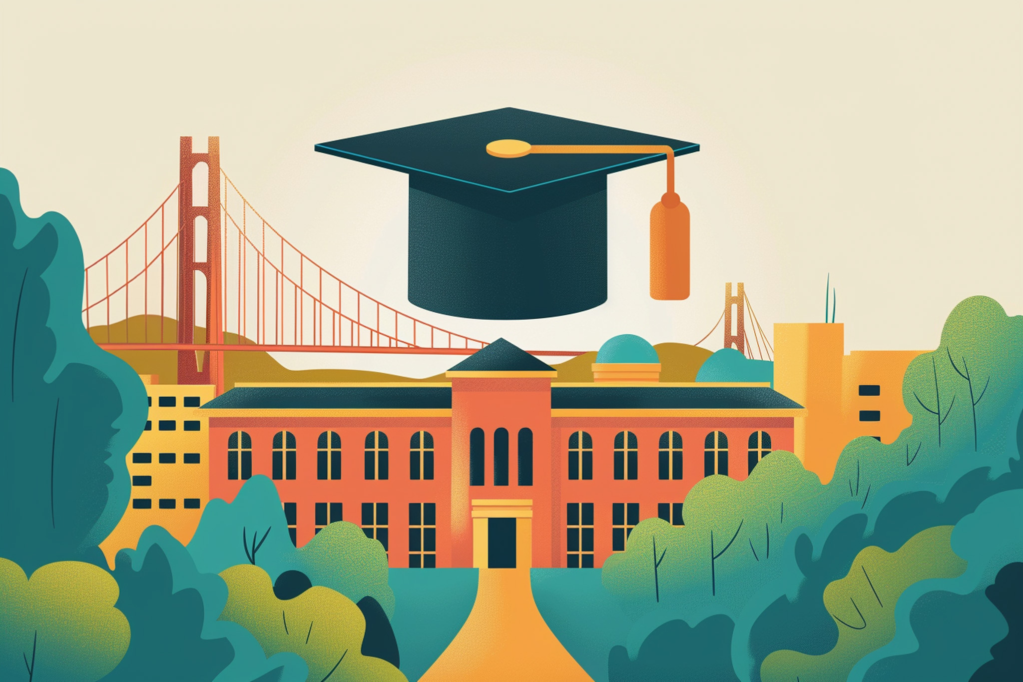 An illustrated graduation cap hovers over a stylized school with a bridge in the background.