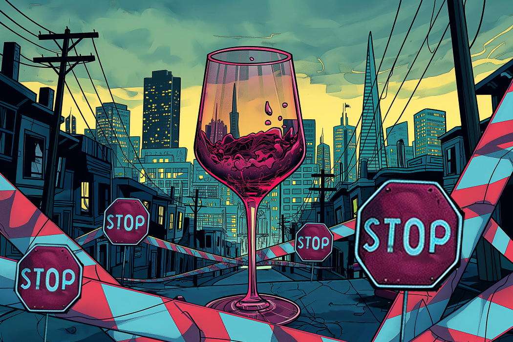 A wine glass with red liquid amidst an urban scene with "STOP" signs and barrier tape.