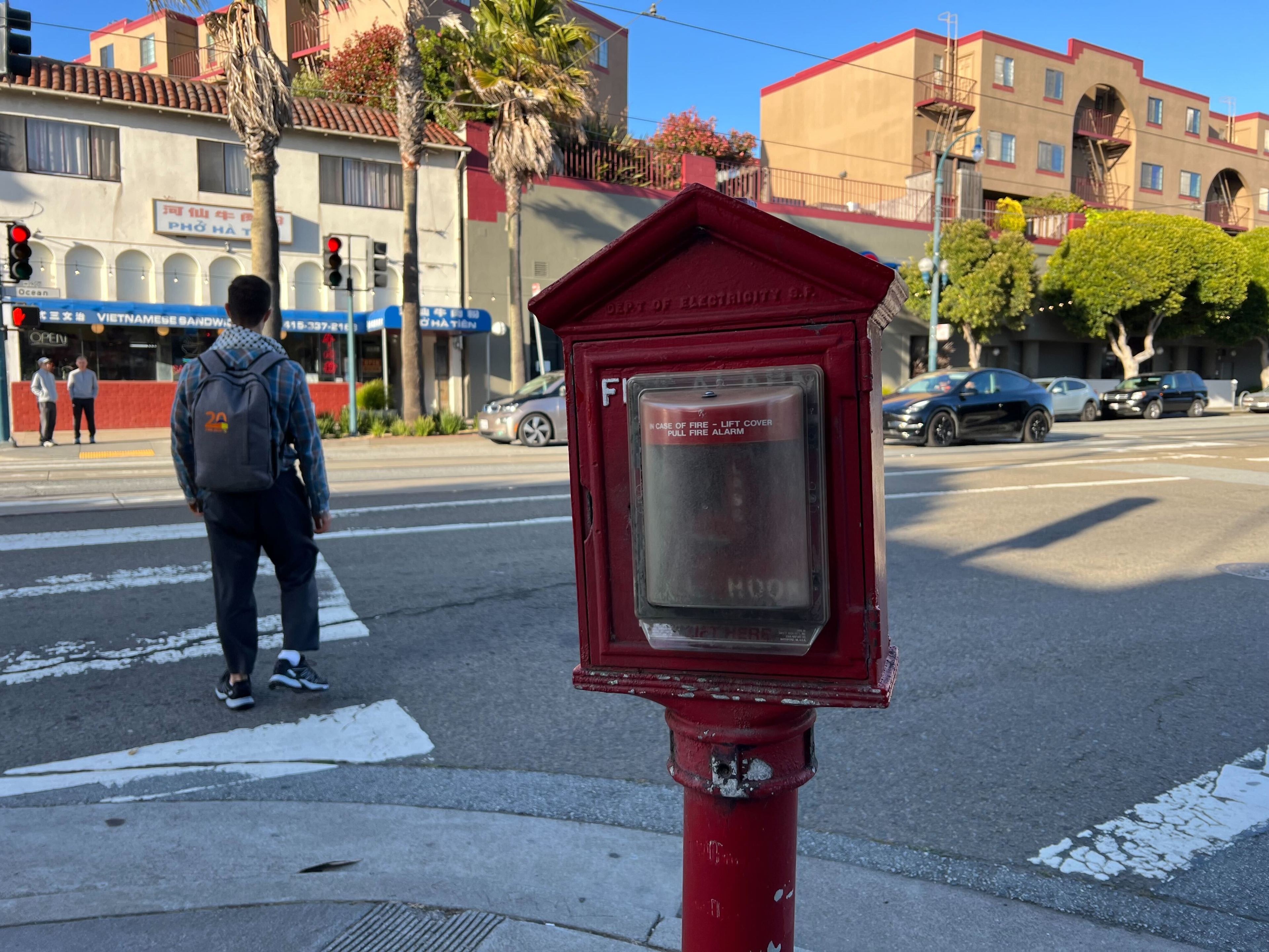A well-maintained emergency call box in San Francisco's Ingleside district.