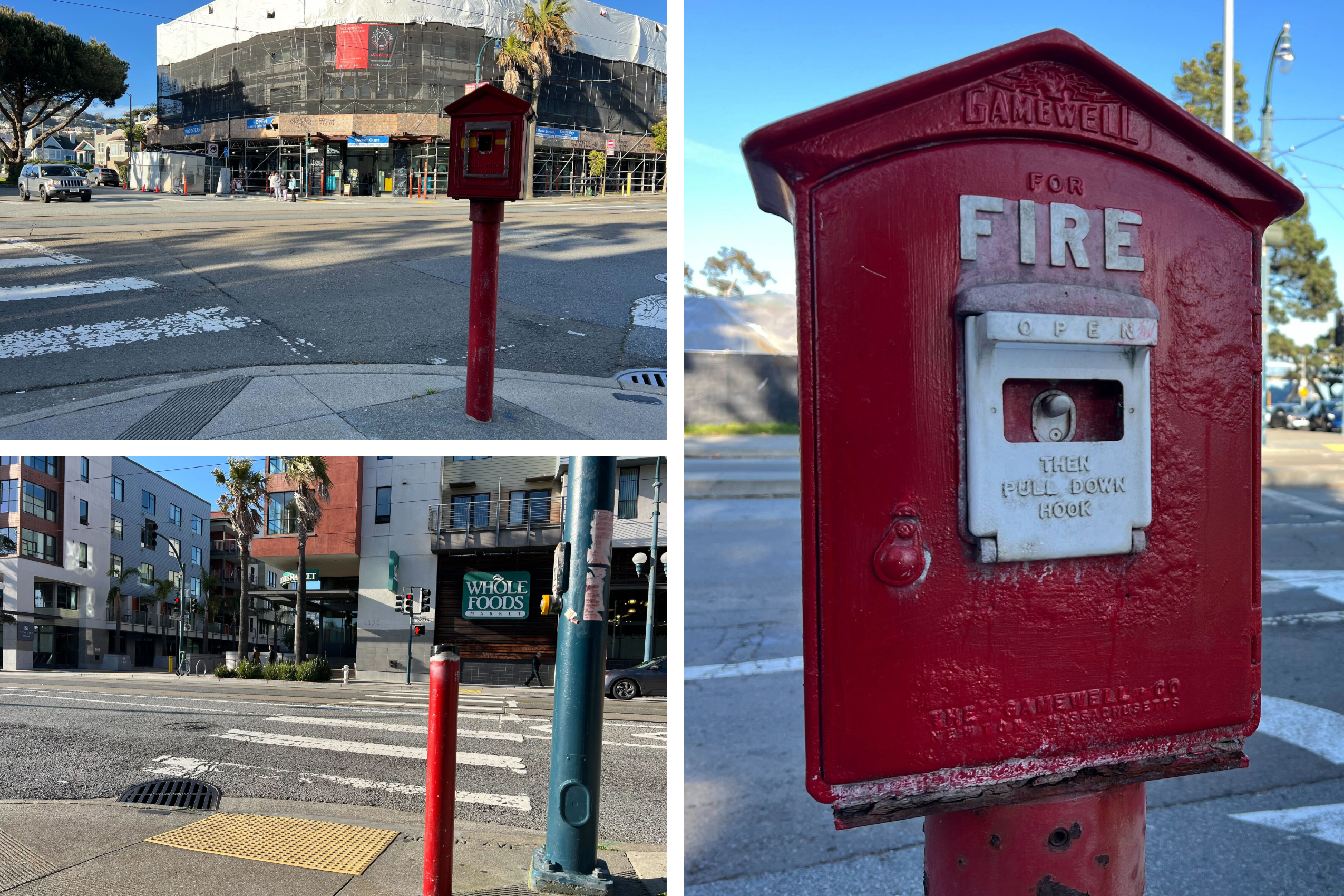 A composite image of three San Francisco emergency call boxes in the Ingleside District in different states of repair.