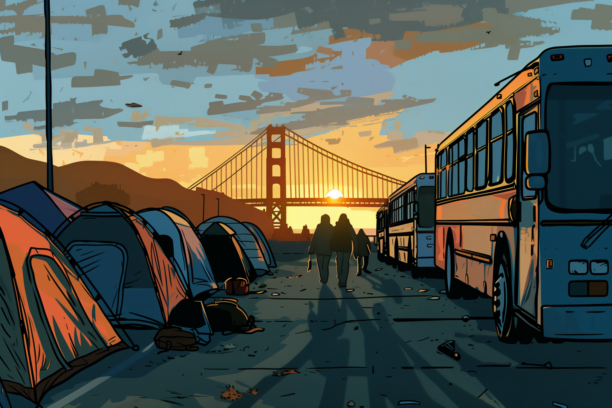 Illustration: sunset behind a bridge, tents lining a road, two people walking, and parked buses in the foreground.