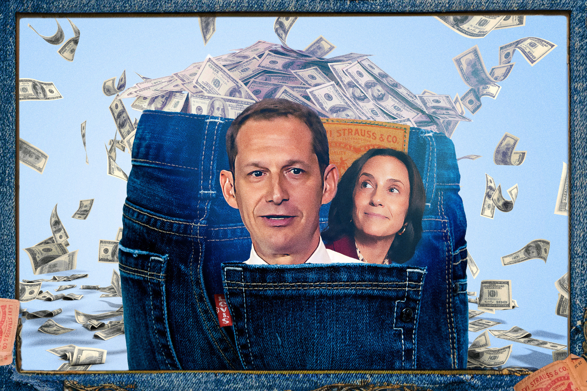 Daniel Lurie and his wife, Becca Prowad, sit inside a Levi's jeans back pocket as cash flies around against a blue background.