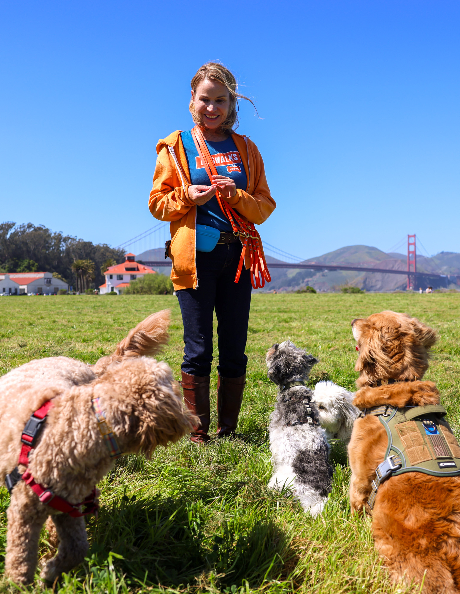 A woman with a bright smile stands in a grassy field with four playful dogs, the Golden Gate Bridge in the background.