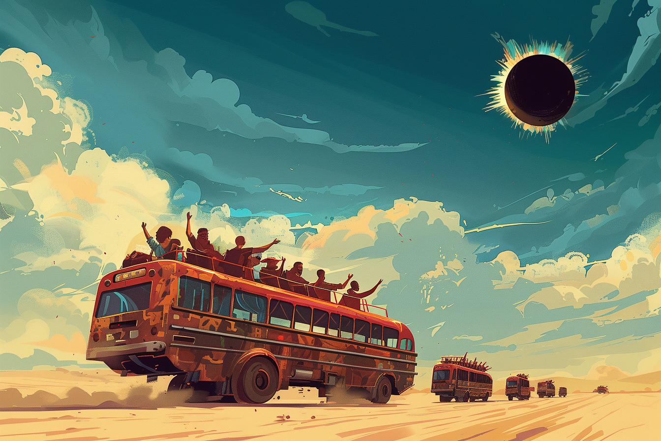 An illustration of old buses in a desert under a blacked-out sun, with people cheering on top.
