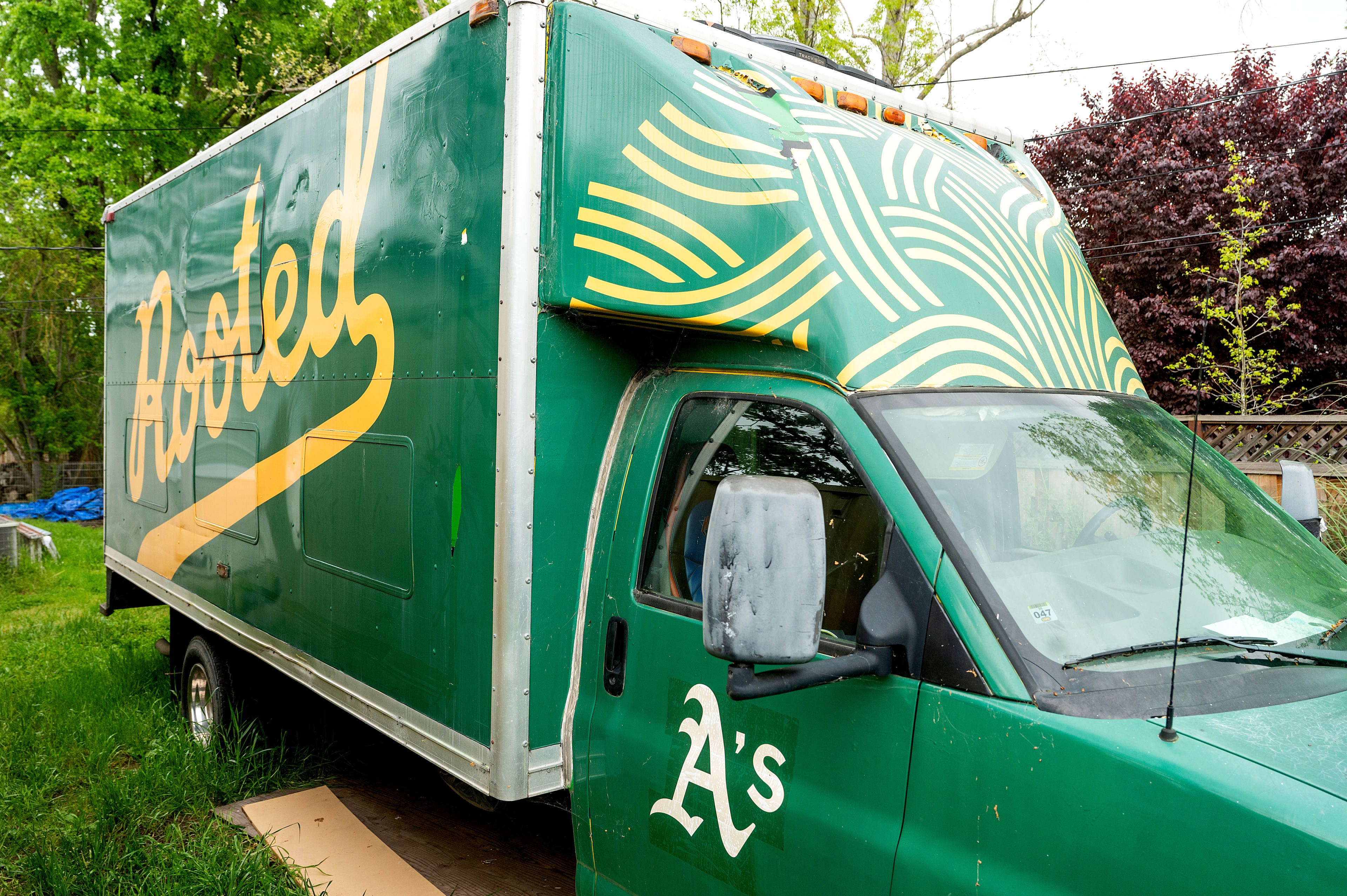 A green delivery truck with &quot;Roasted&quot; written on it is parked beside some vegetation.