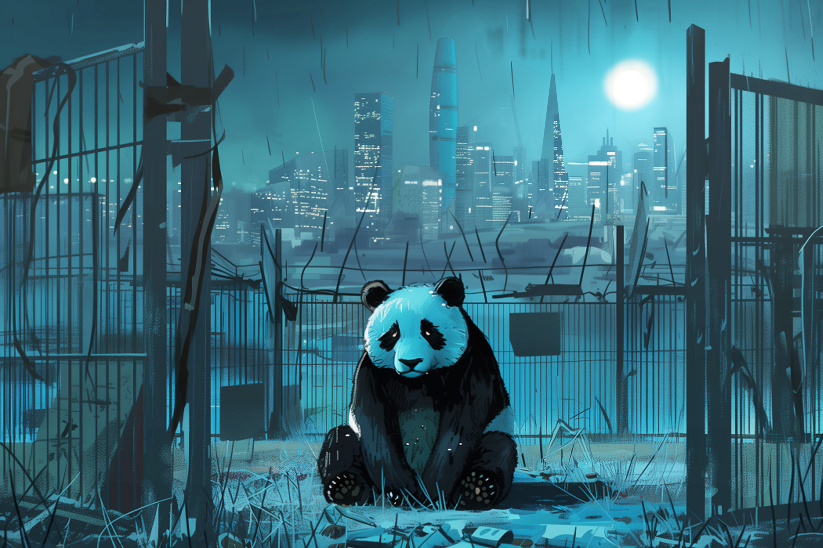 A forlorn panda sits in a rain-soaked, derelict lot overlooking a brightly lit cityscape at night.