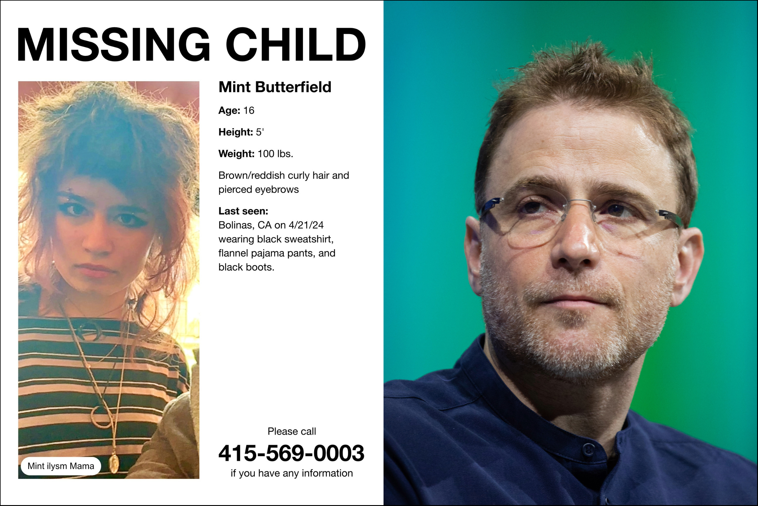 A missing child poster with details and a photo next to a man with glasses against a green background.
