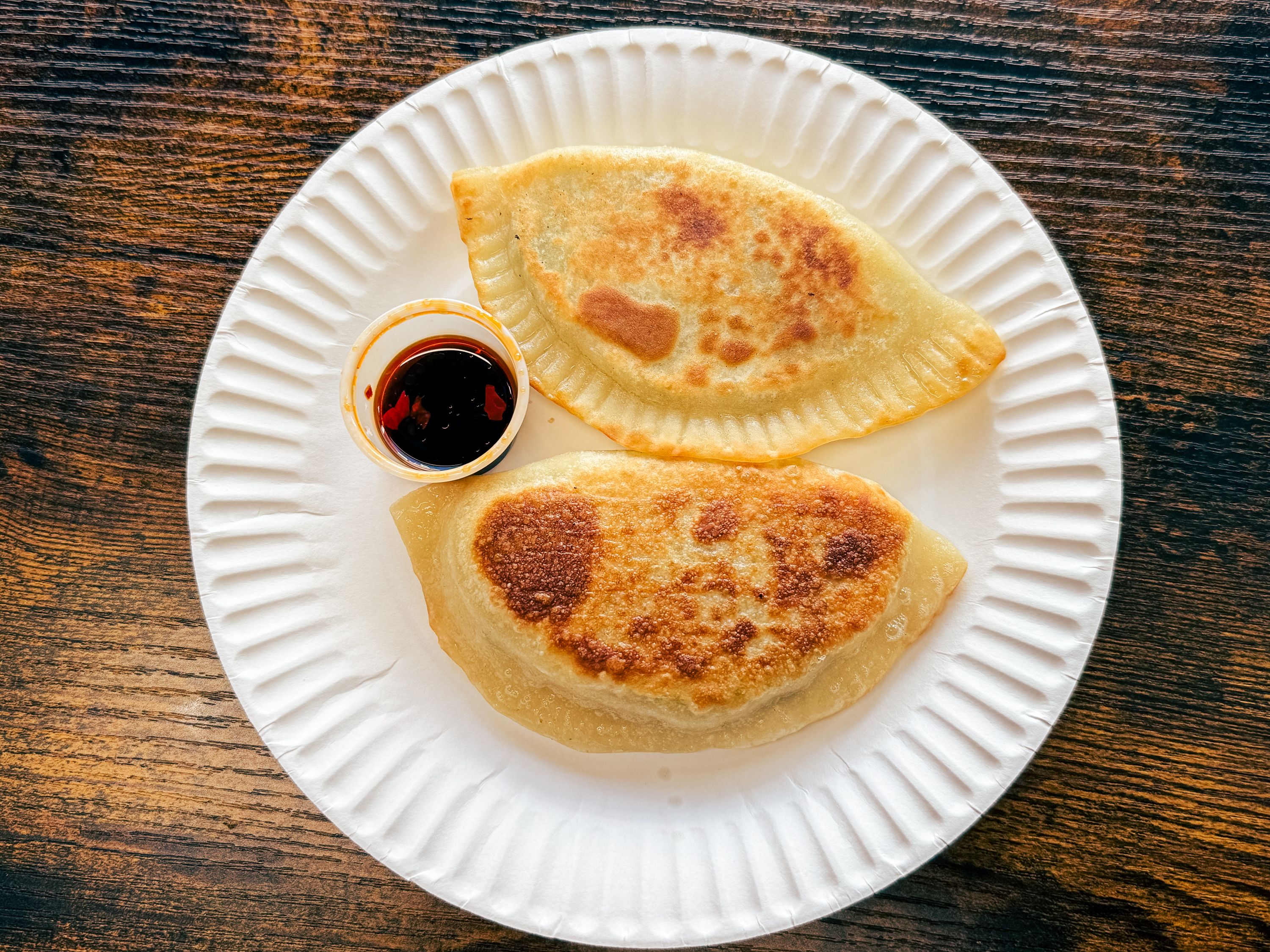Two golden-brown fried dumplings on a paper plate with a side of dipping sauce.