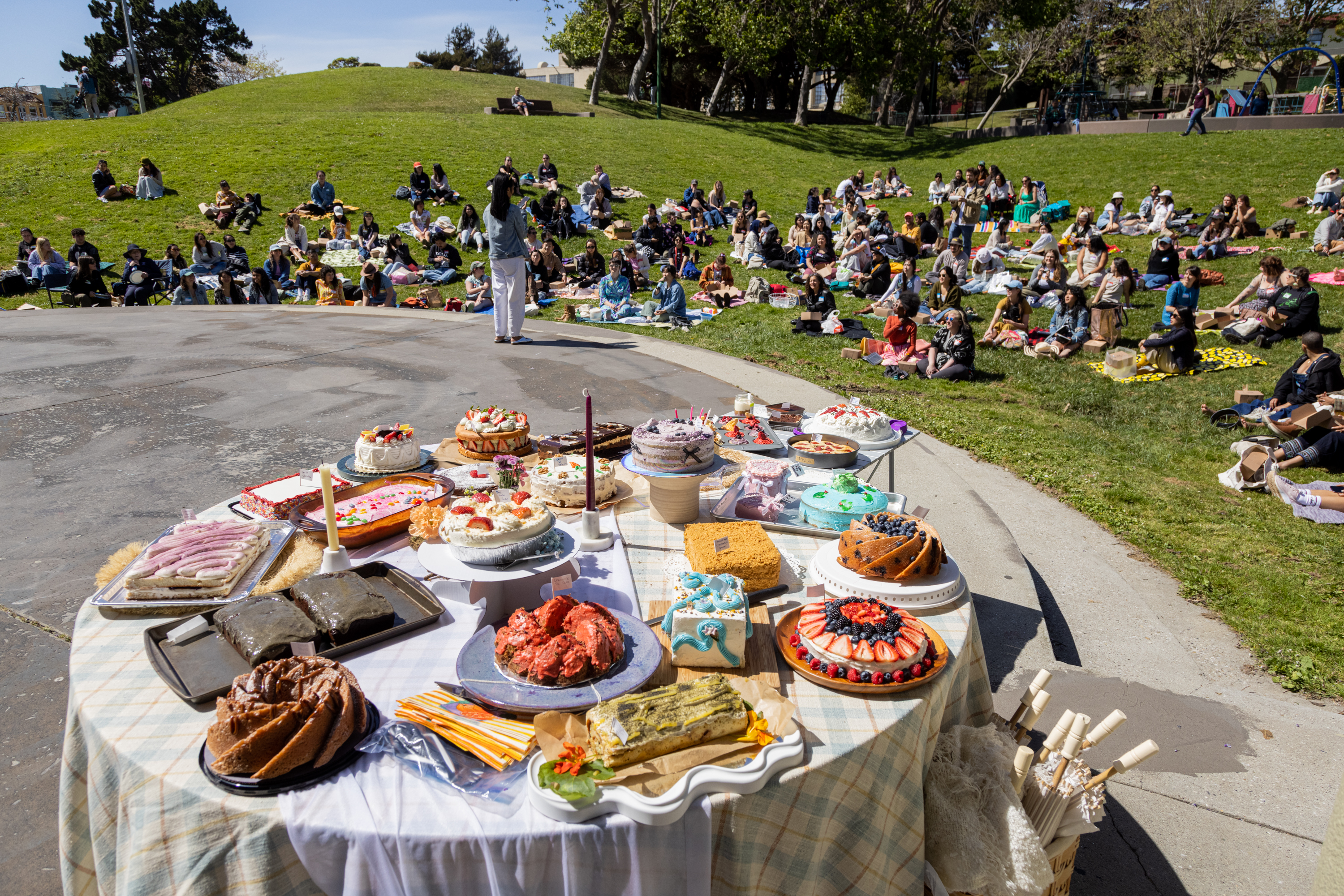 A potluck with various dishes on tables, and people sitting on grass enjoying the sunny park setting.
