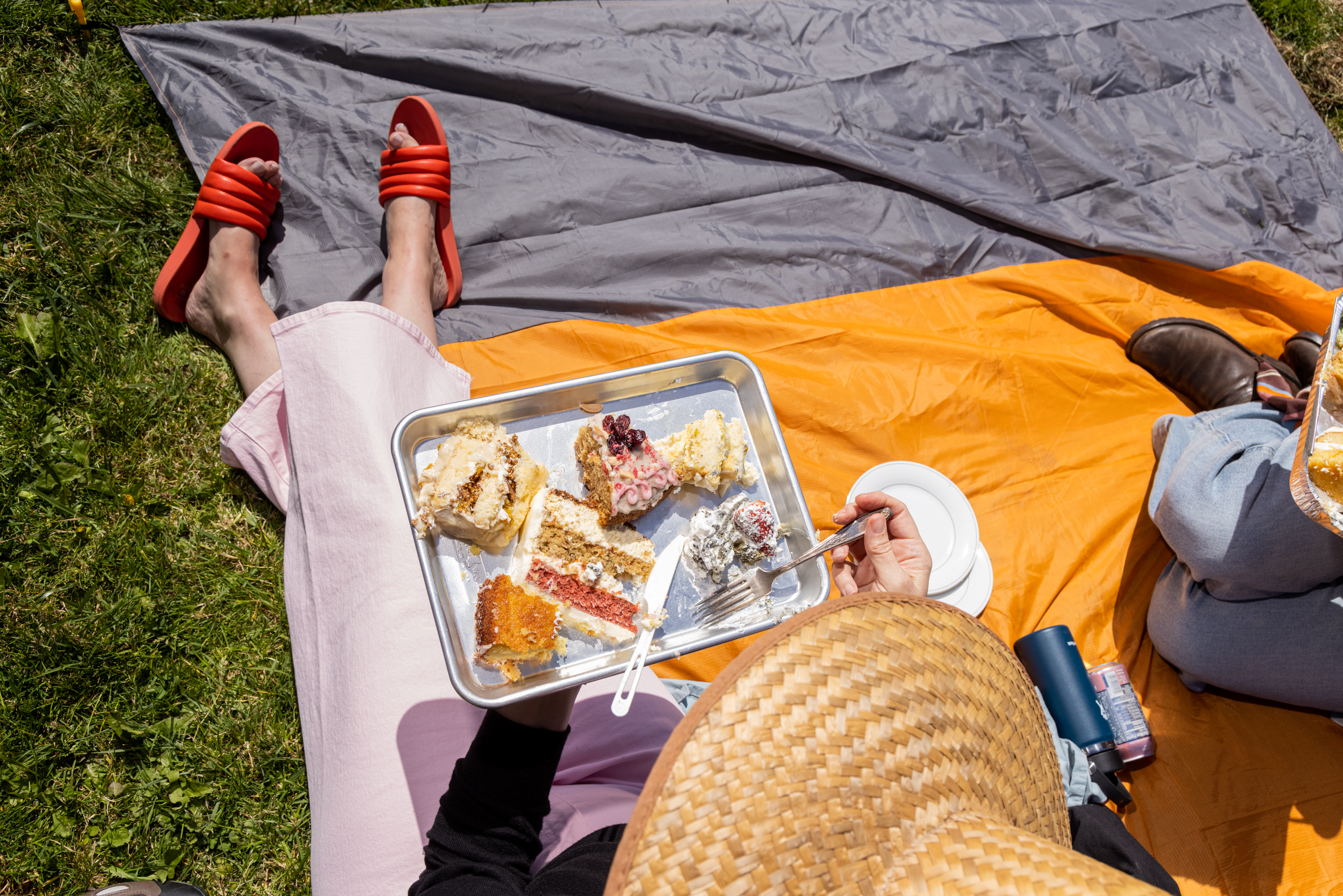 A picnic scene with various cakes on a tray, two people lounging casually on an orange blanket in the sun.