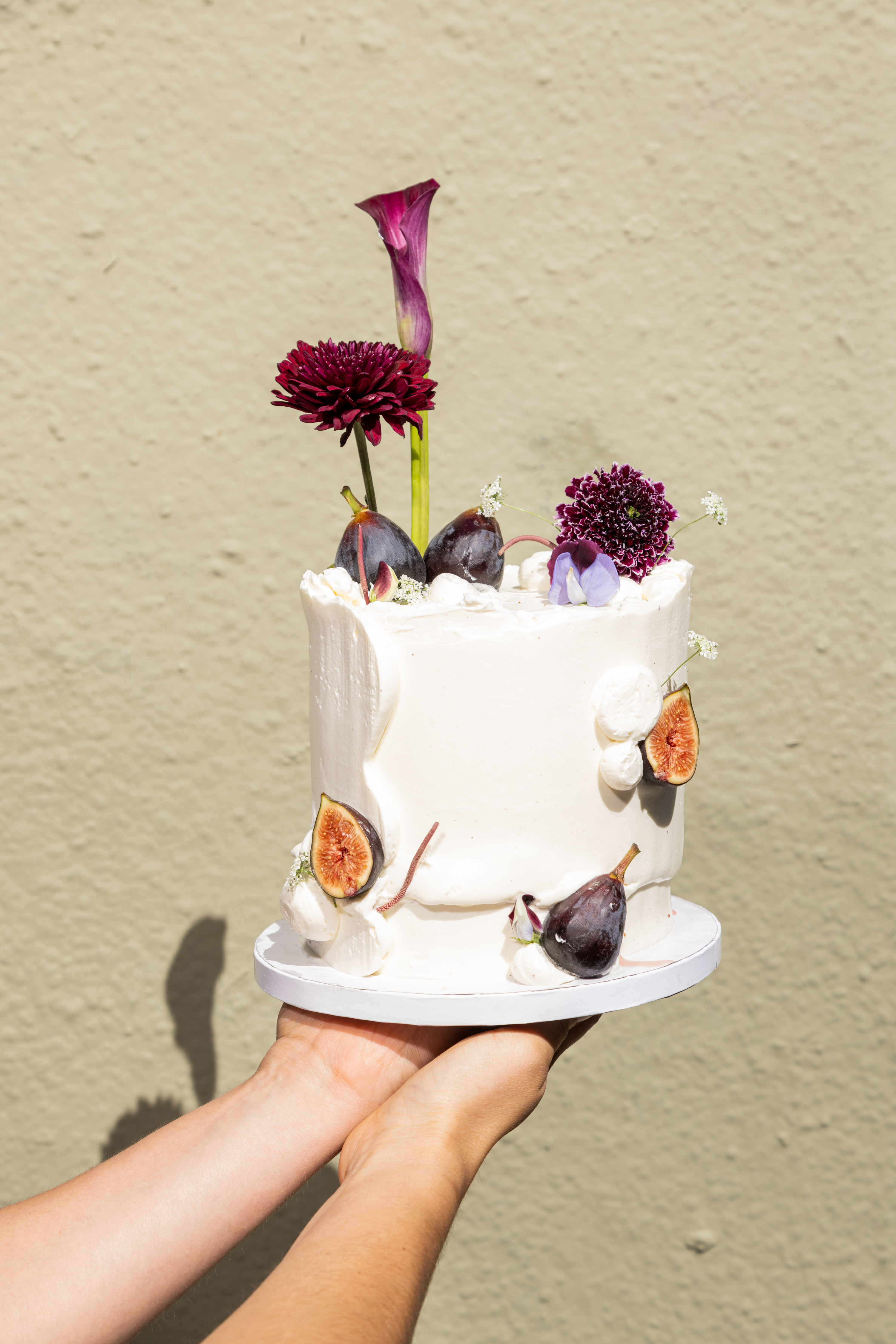 A hand holds a small cake with white frosting, decorated with figs, flowers, and a shadow on a sunlit wall.