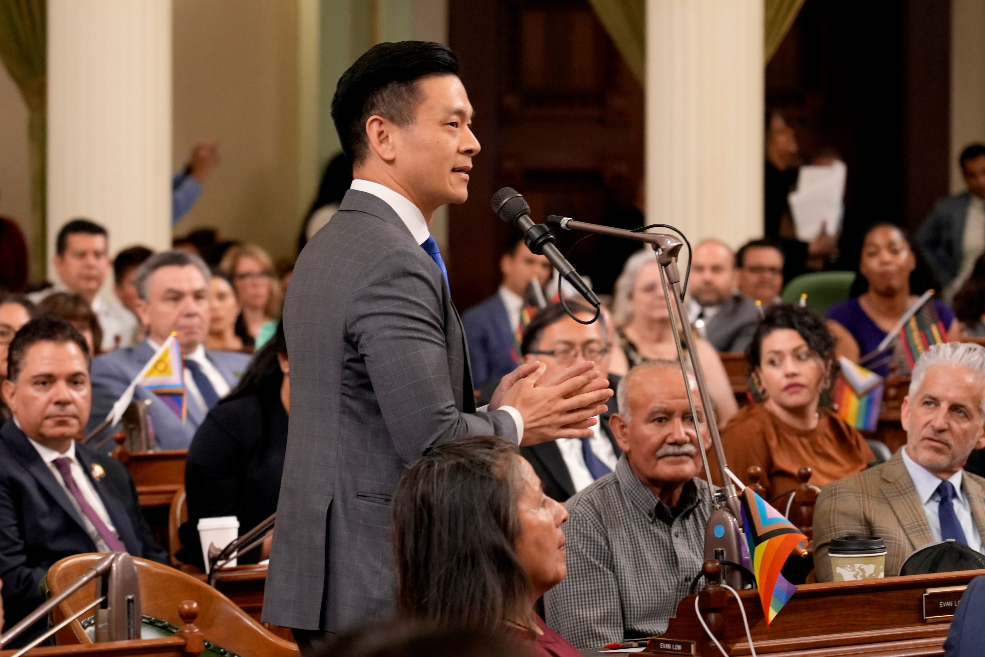 A person in a suit speaks at a microphone before a diverse audience in a formal chamber.